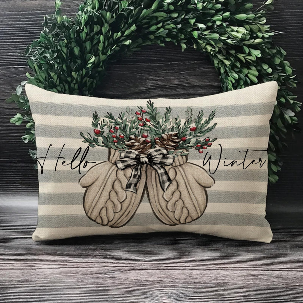 Fjfz Hello Winter Gloves Gray Lumbar Decorative Throw Pillow Cover 12 x 20, Rectangular Red Berry Gray Stripe Outdoor Home Decor, Plaid Bow Pine Cone Christmas Holiday Seasonal Farmhouse Cushion Case Fjfz