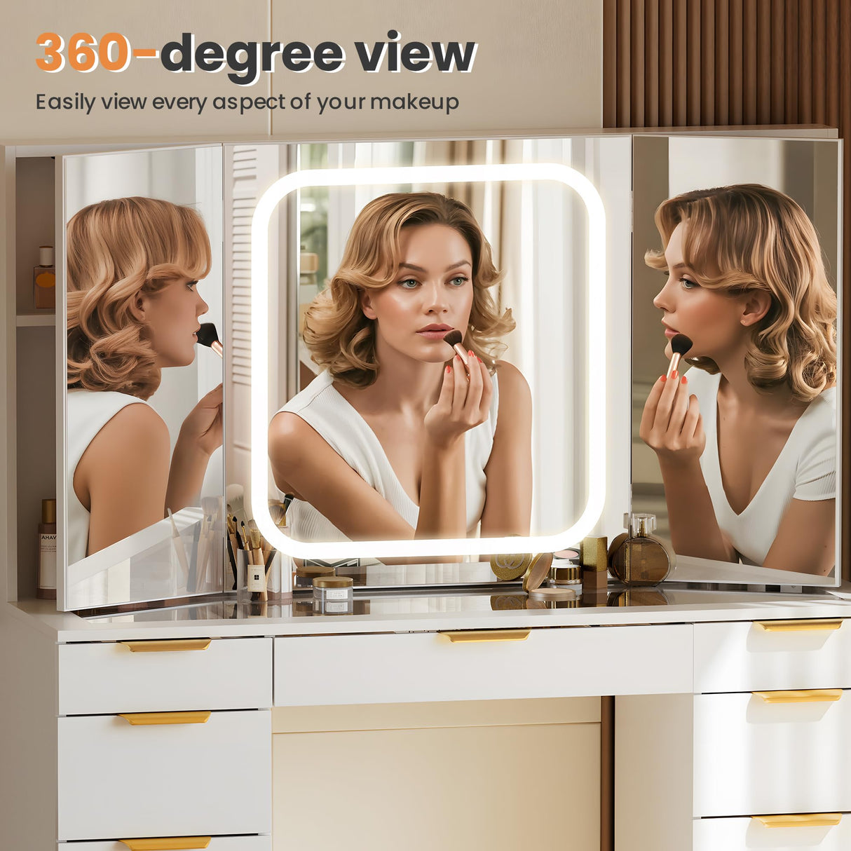 Pamapic 11 Drawers Vanity Desk with Foldable Mirror, Glass Top Makeup Vanity with LED Lights, 3 Lighting Modes, Golden Handles Dressing Table with Chair and Power Outlet Pamapic