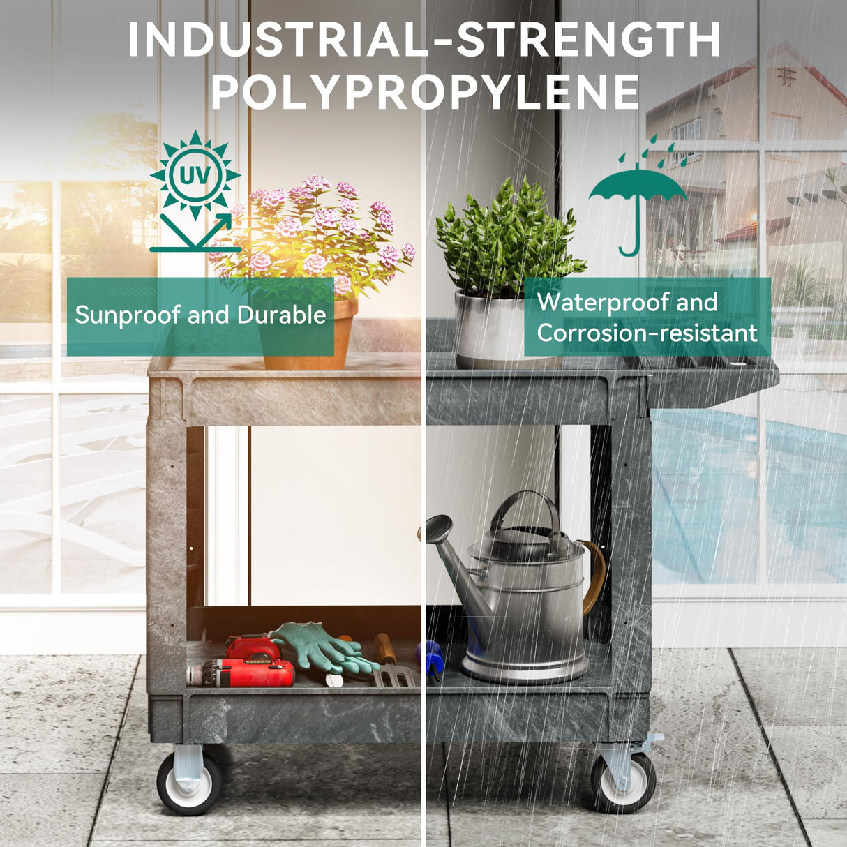 YITAHOME Utility Cart on Wheels, 550 lbs 2 Shelf Heavy Duty Rolling Cart, 45 x 25 in Plastic Service Cart Work Cart with Wheels for Warehouse Garage School & Office, Cleaning, Gray YITAHOME