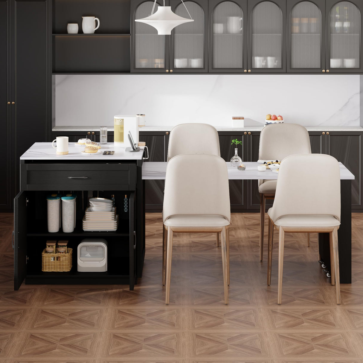 RUNNA Kitchen Island with Extendable Dining Table for 4-6 Person,Two-Tone Kitchen Table, Power Outlet, Kitchen Island with Storage 2 Drawers 2 Side Open Shelves (Black~010) RUNNA