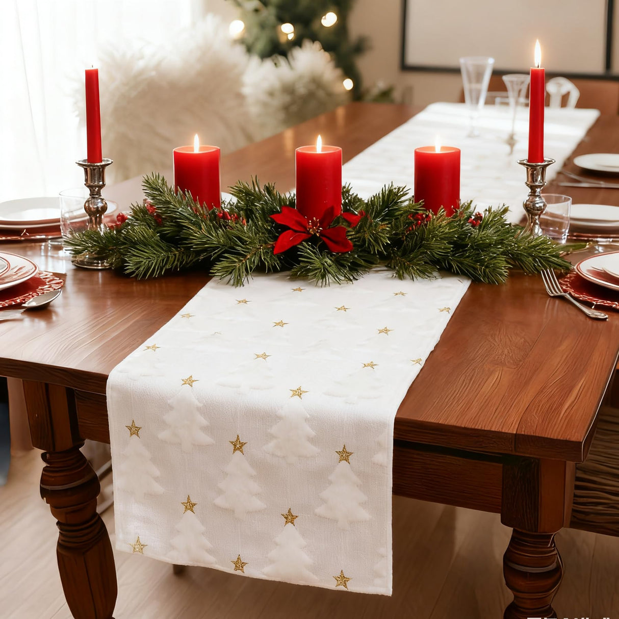 Baccessor Winter White Fur Table Runner Christmas Tree Soft Fluffy Plush Faux Fur Tufting Table Runner 13x72 Inch for Kitchen Center Dinning Dresser Cover Coffee Indoor Holiday Party Decoration Baccessor