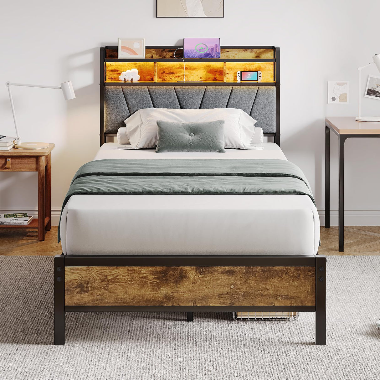 Welzona Twin Bed Frames, Metal Bed Frames with Charging Station, LED Lights Bed Frames with Upholstered Storage Headboard, Sturdy and Noise-Free, Storage Space Under Bed, No Box Spring Needed, Brown Welzona