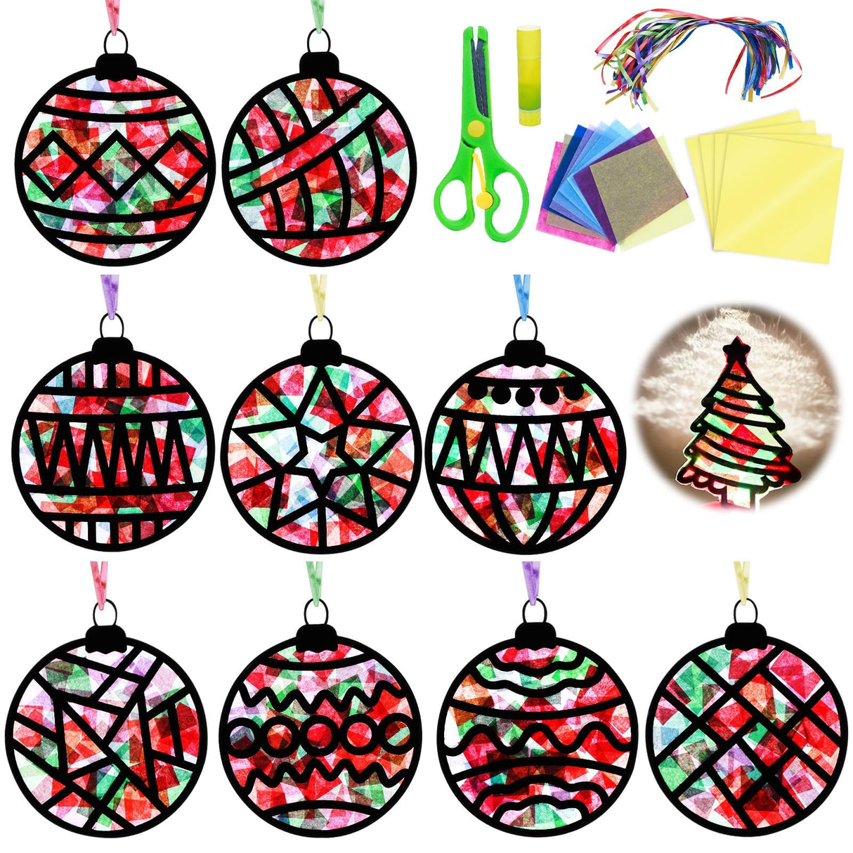 EggSun 36 Sets Christmas Balls Suncatchers Craft Kit for Kids Ornaments Stained Glass Christmas Window Arts and Crafts Kit for Classroom Holiday Projects Home Party Favors Decorations Ages 4 8 12 EggSun