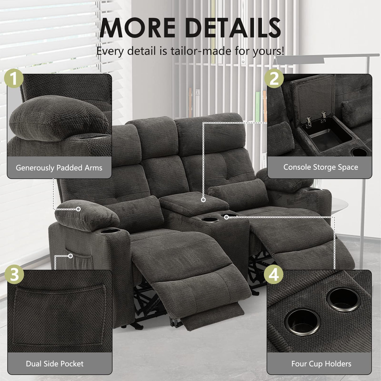 Consofa Power Reclining Loveseat with Console, Power Loveseat Recliner Sofa with Heat and Massage, Extended Footrest, Reclining Loveseat with Cup Holders, Lumbar Support for Living Room, RV Loveseat Consofa