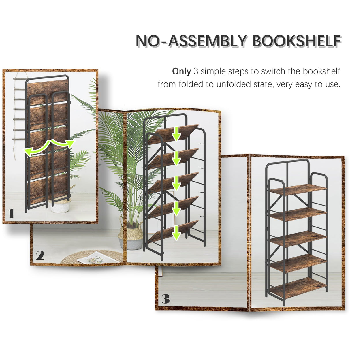 4NM No Assembly Folding Bookshelf, 5 Tier Vintage Industrial Book Shelf,Metal Foldable Storage Bookcase and Bookshelves for Living Room,Bedroom and Kitchen - Rustic Brown 4NM