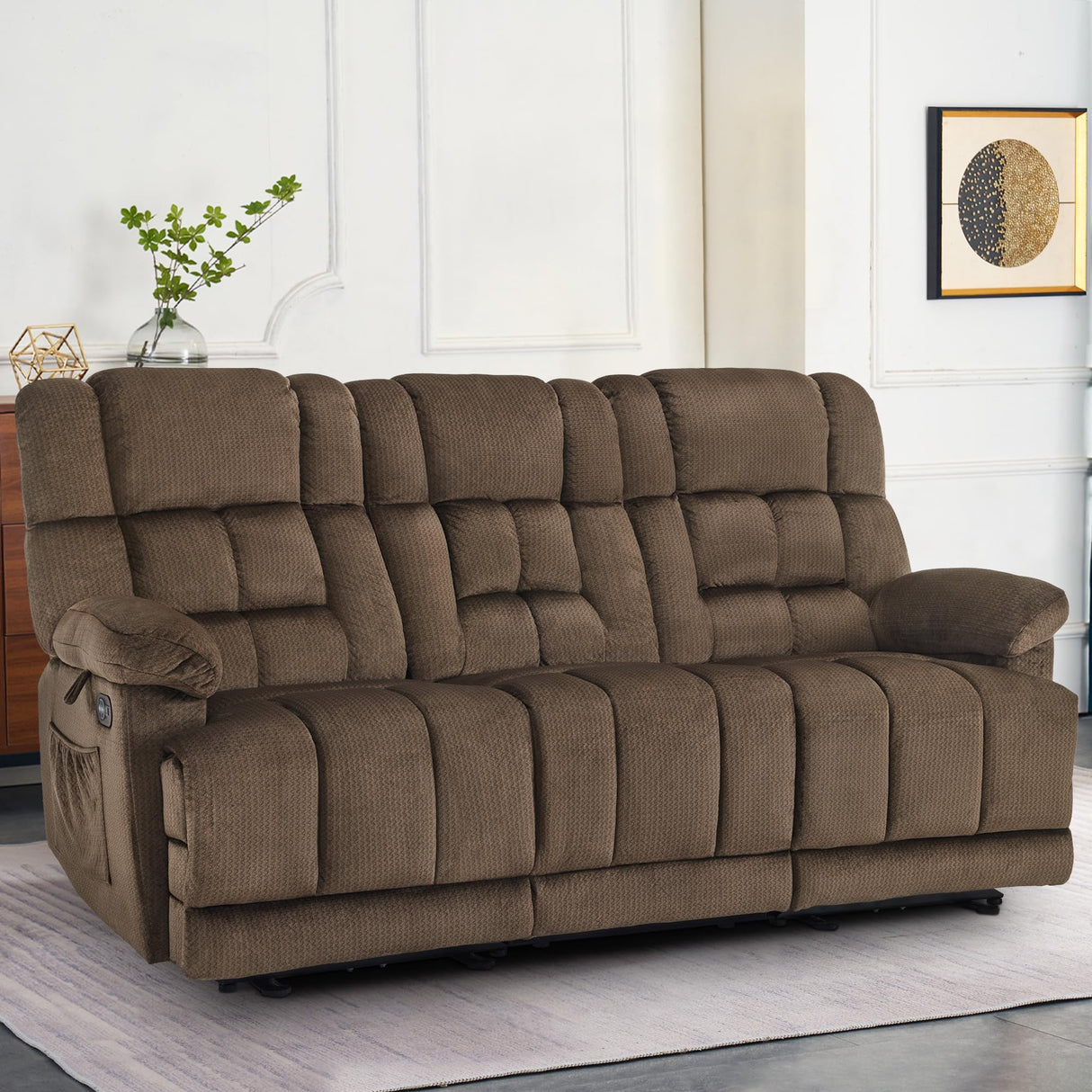 MCombo Zero Gravity Power Recliner Sofa with Drop Down Table, Heat and Vibration Massage, 3 Seater Dual Reclining Couch with USB Ports, Cup Holders for Living Room, Fabric RS6236 (Dark Brown) MCombo
