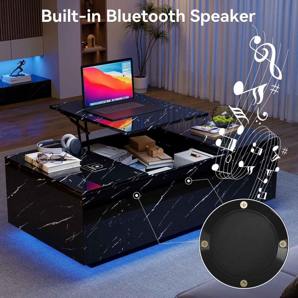 Lift Top Coffee Table, High Glossy Coffee Table with Wireless Charging and Speaker, Modern Coffee Table with 24 Colors LED Lights,Center Table with Drawer and Hidden Compartment for Living Room Black PPorfamilia