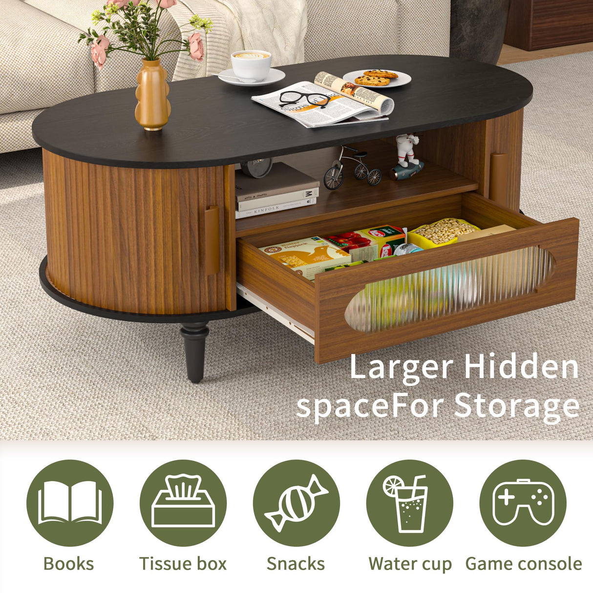 Fluted Round Coffee Table with Storage, Modern Oval Coffee Table with Drawer, Sliding Door, Low Small Center Tables for Living Room, Wooden Boho, Mid Century, Unique, Black and Walnut Jluomei