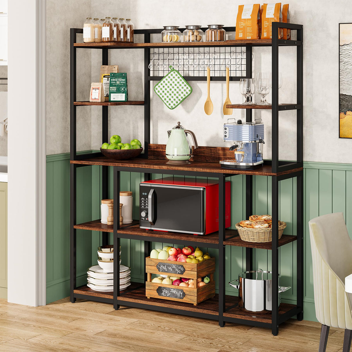 Tribesigns Kitchen Bakers Rack, 5-Tier Microwave Stand with Metal Frame, 55" Wide Kitchen Storage Shelf, Large Coffee Bar Station Baker's Rack with 11 Hooks, Rustic Brown Tribesigns