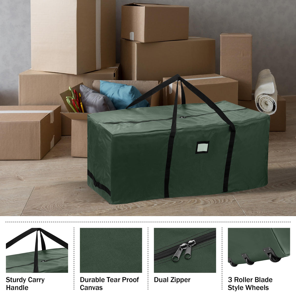 Elf Stor Green Rolling Christmas Storage Bag-For 12 FT Artificial Trees Canvas Duffel with Wheels-Protects Holiday Decorations & Inflatables, (L) 67” x (W) 28” x (H) 24 Elf Stor