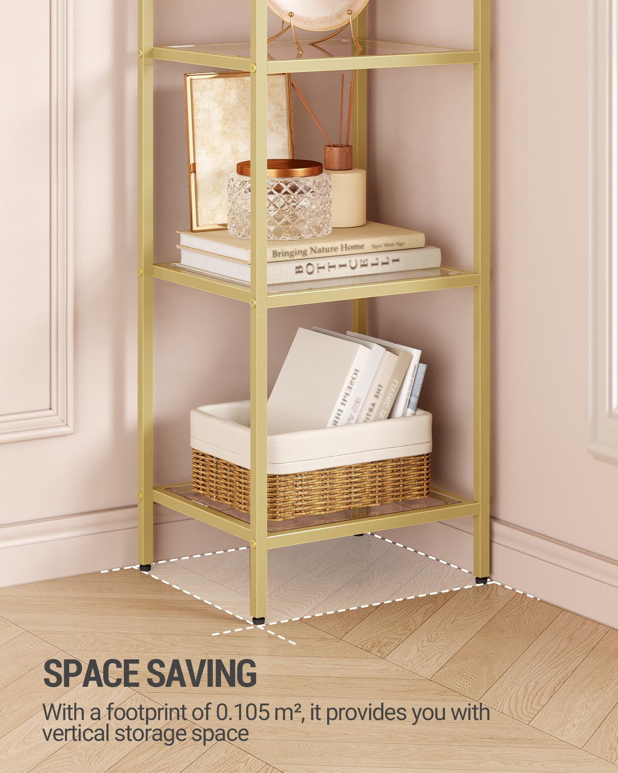 Hzuaneri Bookcase Bookshelf, Tempered Glass Arched Bookshelf for More Storage, Slim Shelving Unit for Bedroom, Bathroom, Home Office, Steel Frame, 5 Tier Gold BC20599G Hzuaneri