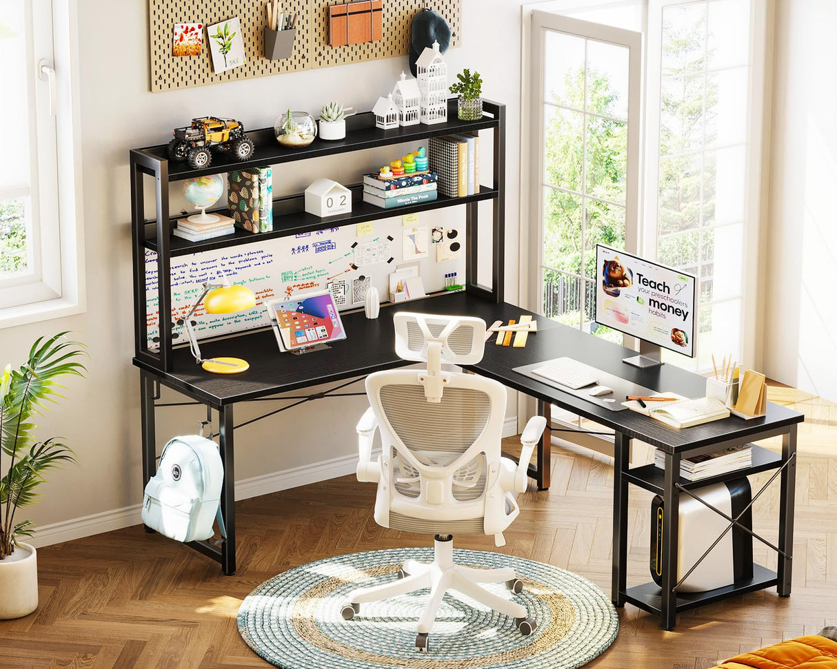 ODK L Shaped Gaming Desk with Hutch, Computer Desk with Storage Shelves, 59" L Shaped Desk for Home Office, Corner Desk with Headphone Hook, Black ODK