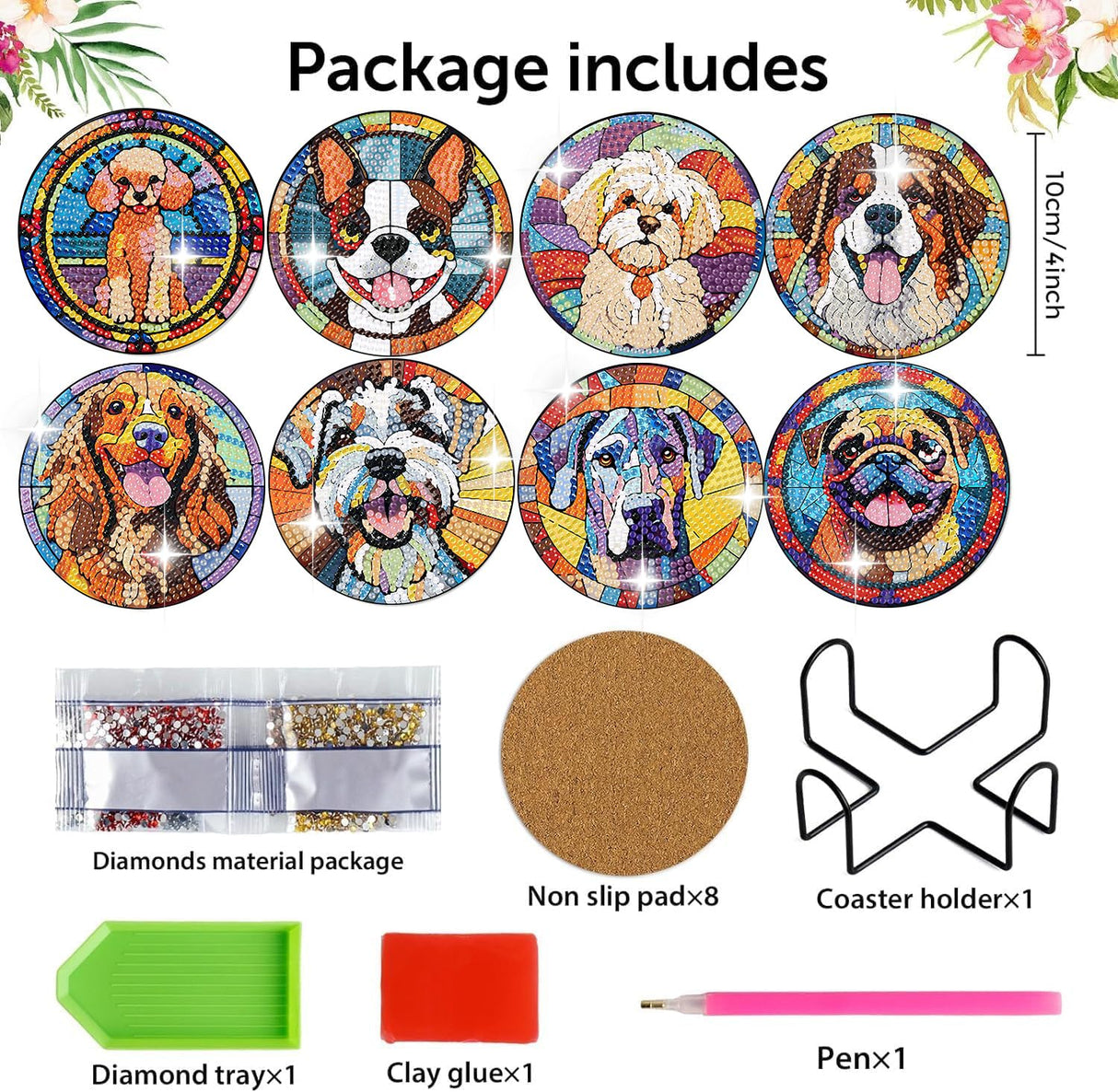 Zythron 8 PCS Dog Diamond Art Coasters Diamond Painting Coasters Kits with Holder Dog DIY Coaster for Beginners, Adults, Diamond Art Crafts Supplies 4x4 in Zythron