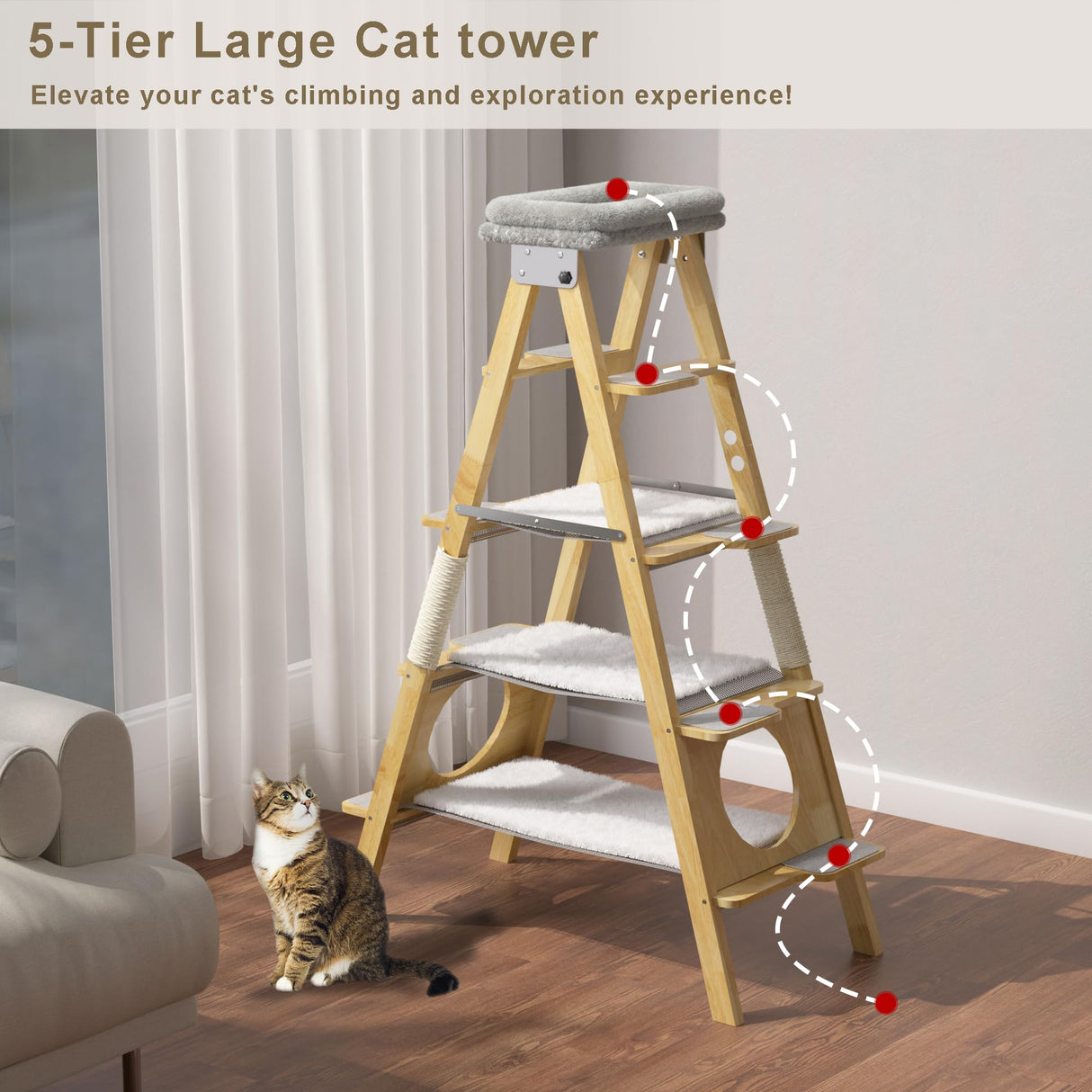 GDLF Modern Wood Cat Tree Foldable Ladder Design with Cat Hammock & Sisal Scratch Post, Solid Wood Tall Cat Tower for Large Cat Easy Clean 60" H GDLF
