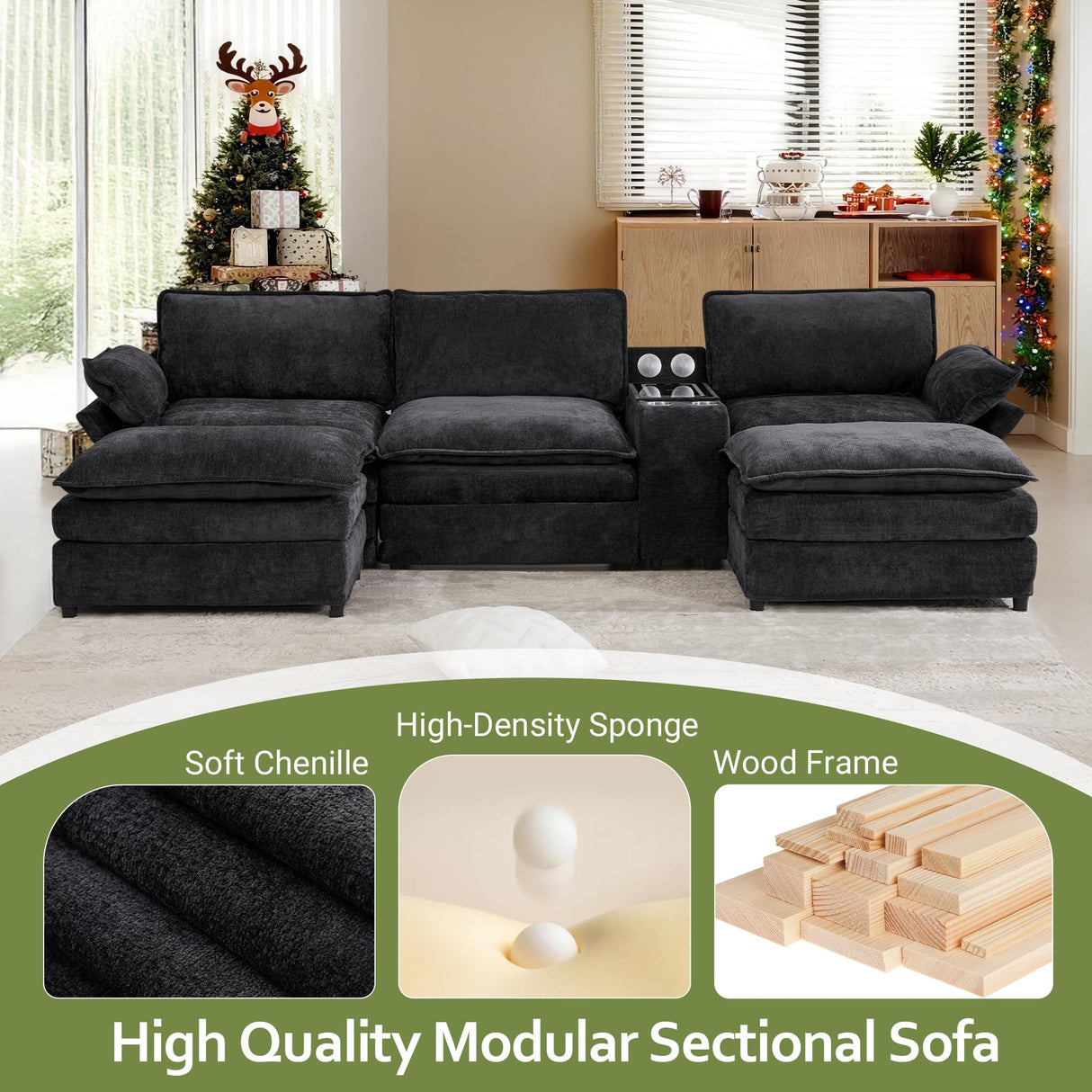 EYATZO 124" U Shaped Cloud Couch, Modular Sectional Sofa with Movable Ottomans, Modern Deep Seat Sofas for Living Room, Comfy Chenille Sectionals with Central Console & Bluetooth Speakers (Black) EYATZO