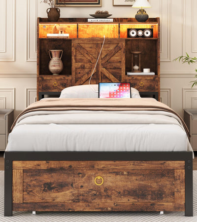 TIGUBFRE Twin Size Bed Frames with Storage Headboard and 3 Drawers, Farmhouse Platform Bed Frame with Charging Station & LED Lights, Metal Slats Support, Noise Free, No Box Spring Needed, Rustic Brown