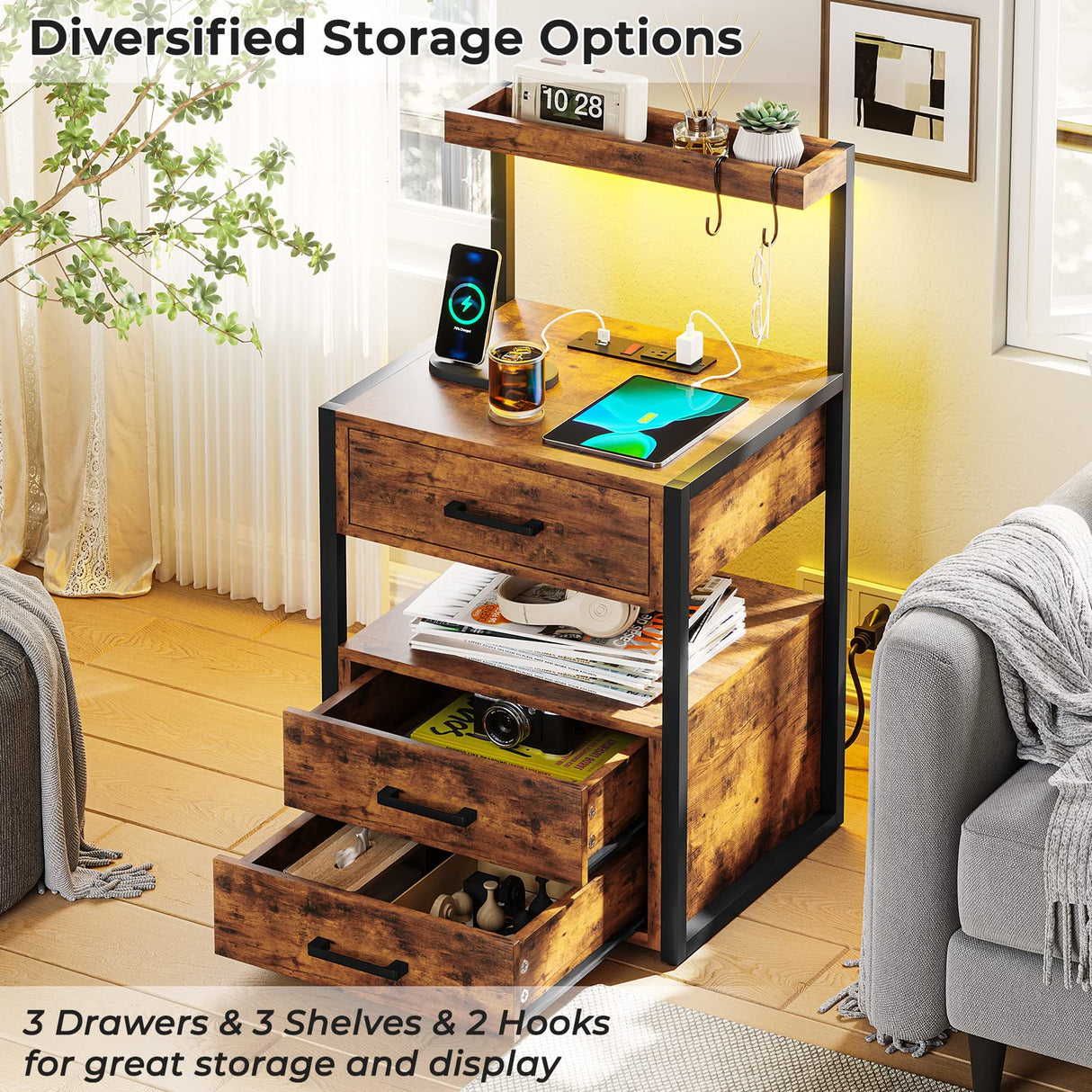 AOGLLATI Nightstand Set of 2 with Charging Station and LED Lights, Bedside Table with 3 Drawers and Open Storage Shelves, 2 USB Ports and 2 AC Outlets, LED Night Stand for Bedroom, Rustic Brown AOGLLATI