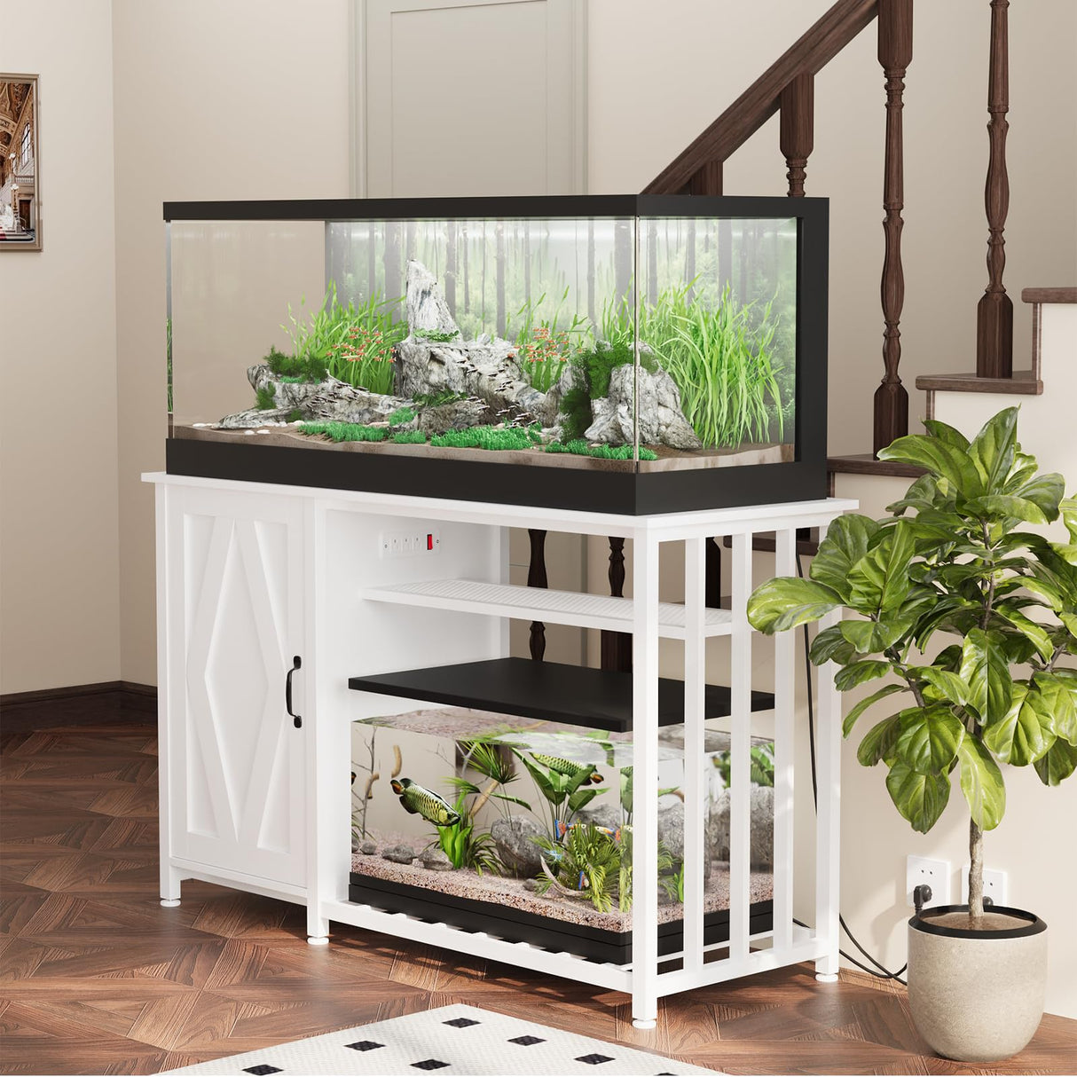 VOWNER 55-75 Gallon Fish Tank Stand, Aquarium Stand with Power Outlets, Cabinet for Fish Tank Accessories Storage, Heavy Duty Metal Frame, Suitable for Fish Tank, Turtle Tank, 1200LBS Capacity, White VOWNER