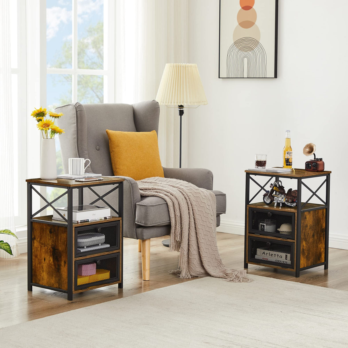 VECELO Nightstand Set of 2, End Table with Flip Drawer, Modern Night Stand for Bedroom Living Room, Office, Easy Assembly, 2 PCS, Brown VECELO