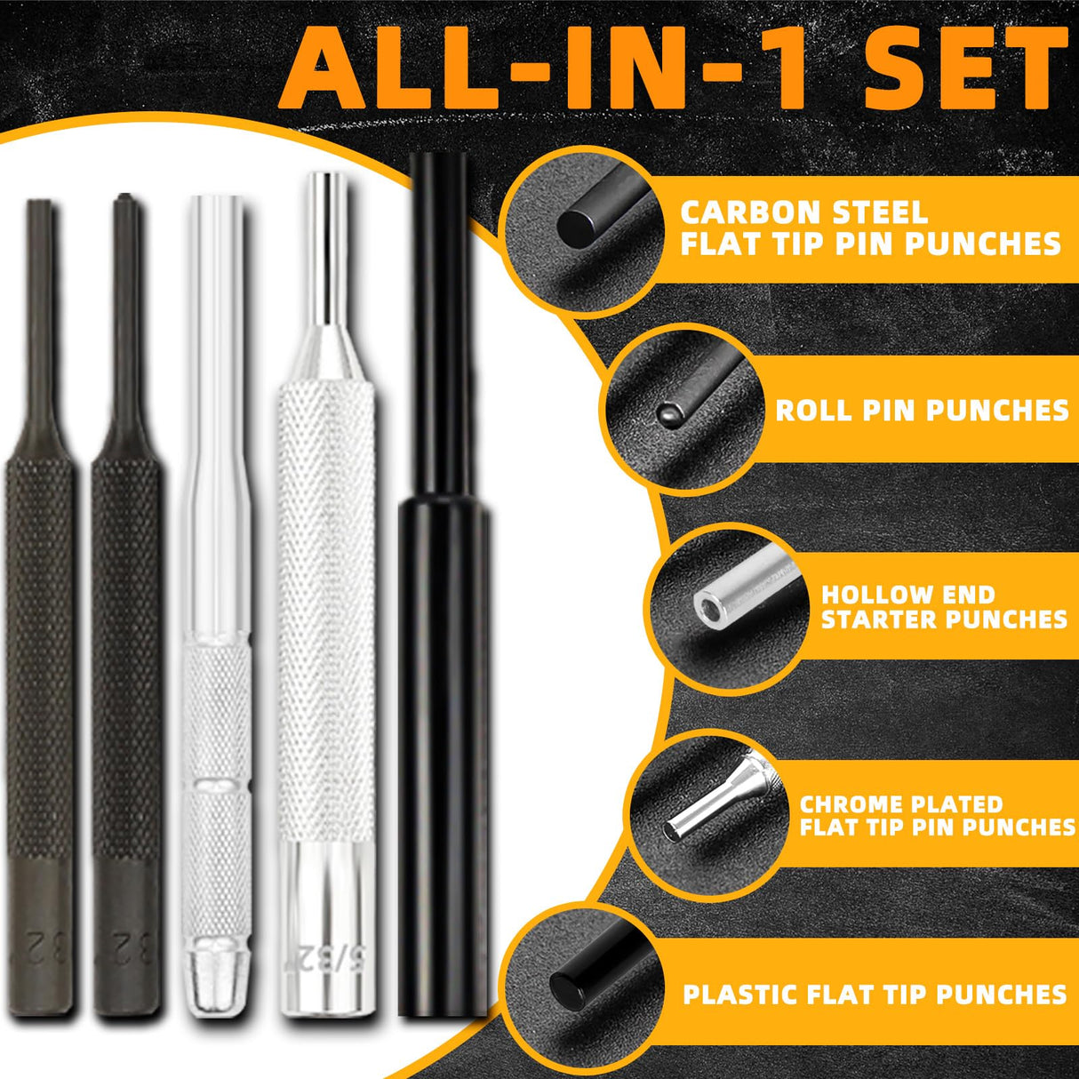 BESTNULE Punch Set, Pin Punches, Punch Tool, Roll Pin Punch Set, Made of High Quality Metal Material Including Punches and Hammer, Mechanical Repair Tool, with Organizer Storage Box (with Bench Block) BESTNULE