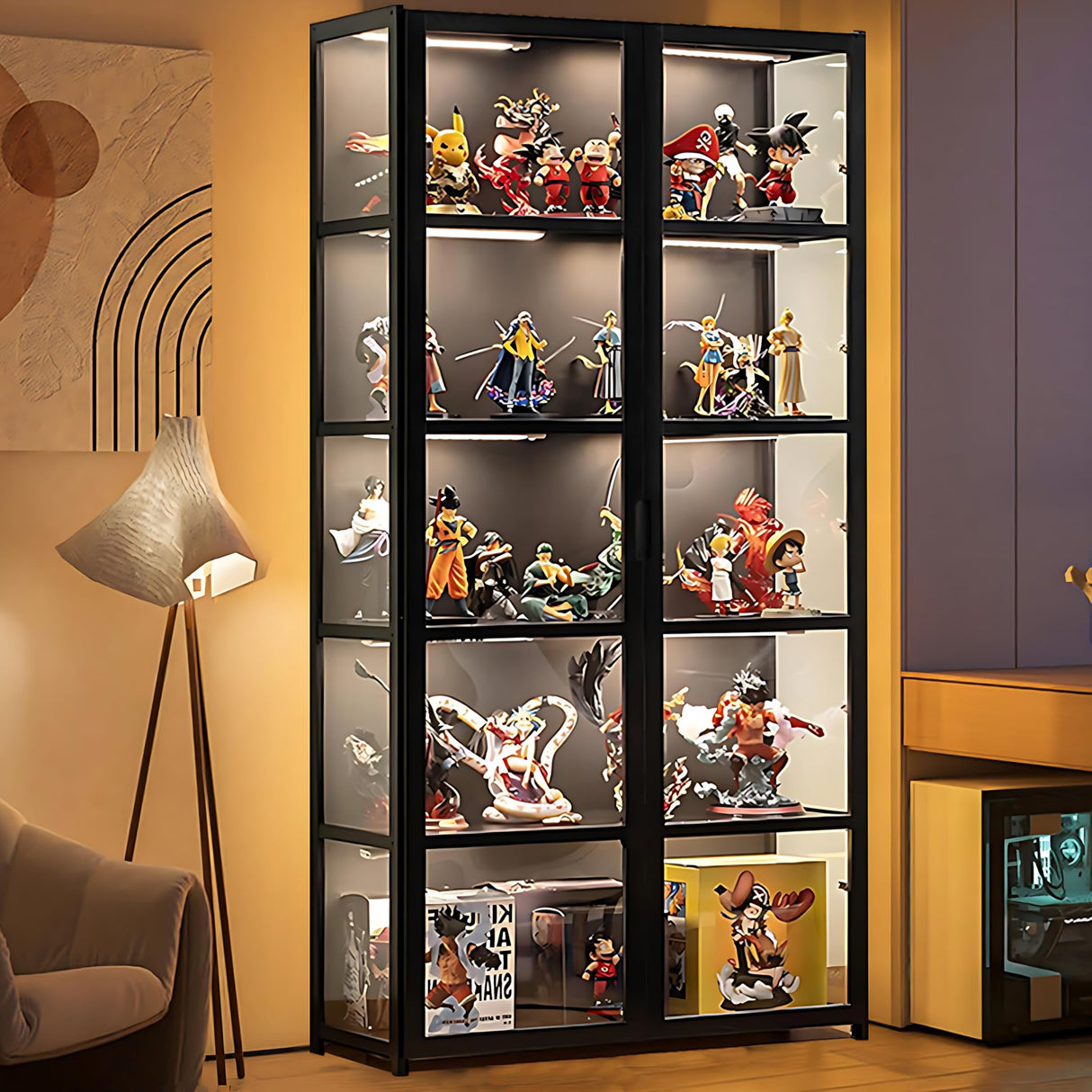 QOEUDD Display Cabinet with Acrylic Glass Door, 5 Tier Curio Display Case, Collectibles Toy Organizers Rack & Display Shelf, Kids Bookcase for Bedroom, Reading Nook, Toddler's Room, Bamboo QOEUDD