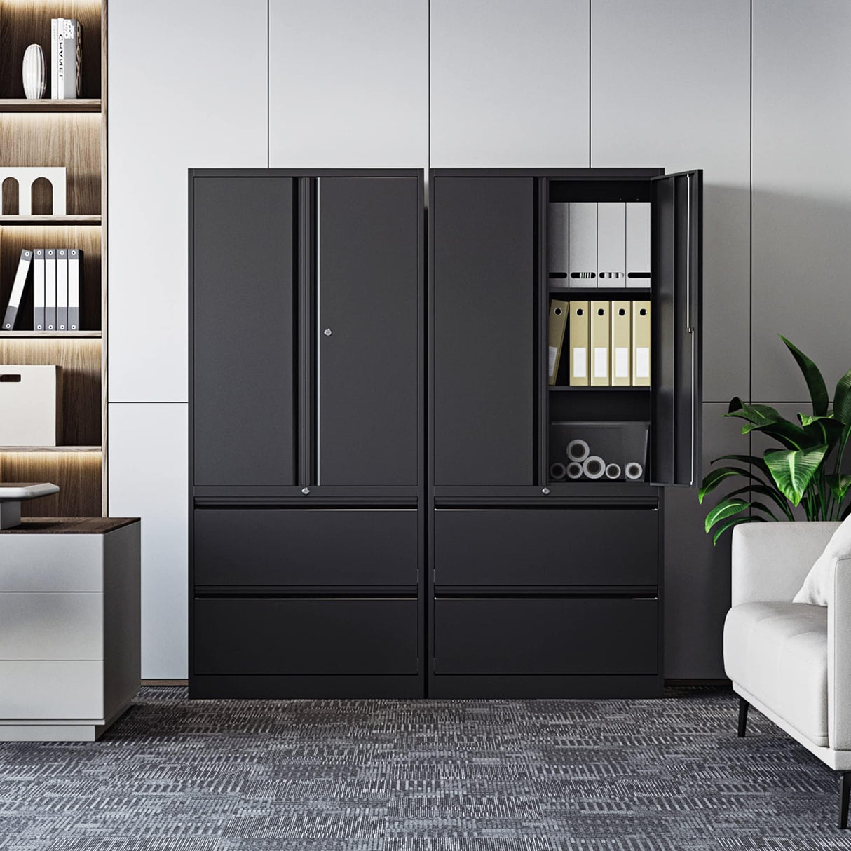 STANI 2 Drawer Lateral File Cabinet - Metal Storage Cabinet with Locking Drawers for Letter/A4 Size Files (Black) STANI