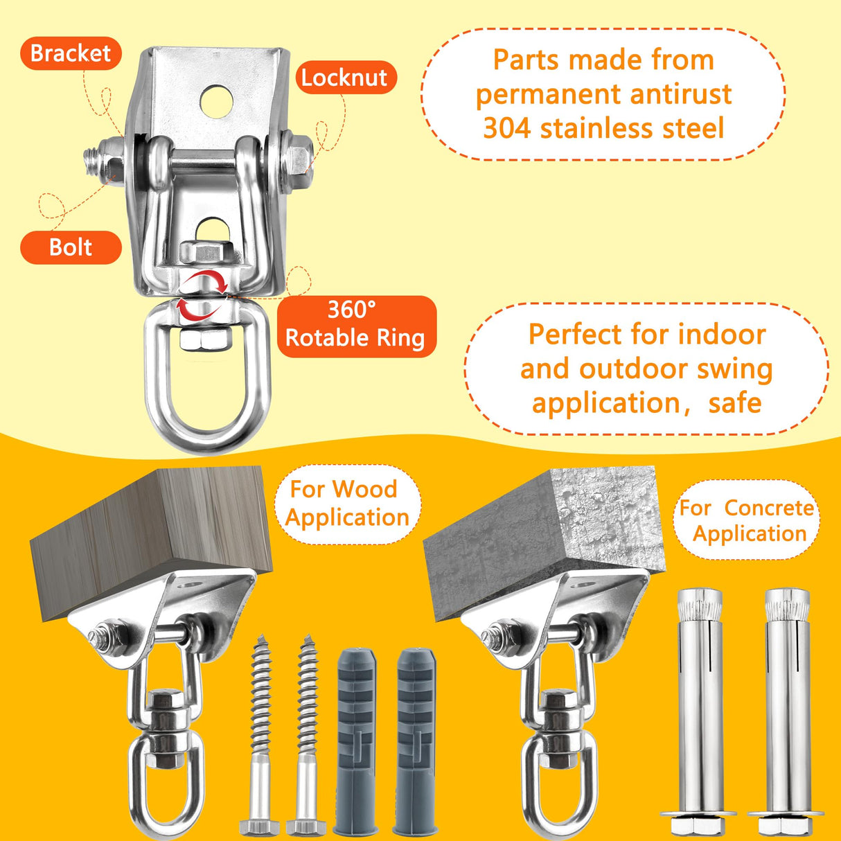 Restroma 2 Set Heavy Duty Swing Hangers Chain Kit 1200 LB Capacity Hammock Hanging Hooks with 2 Pcs Swing Chain 360° Swivel Stainless Steel Hook for Indoor Outdoor Playground Hanging Hammock Chair Restroma