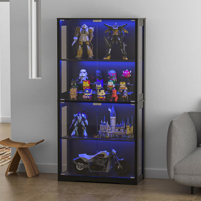 BlueWish 70" Display Cabinet with Glass Doors, 4-Tier Curio Cabinet with 3 Color LED Lights for Collectibles, Glass Display Case with Human Body Sensor, Storage Cabinets for Living Room, Office, Black