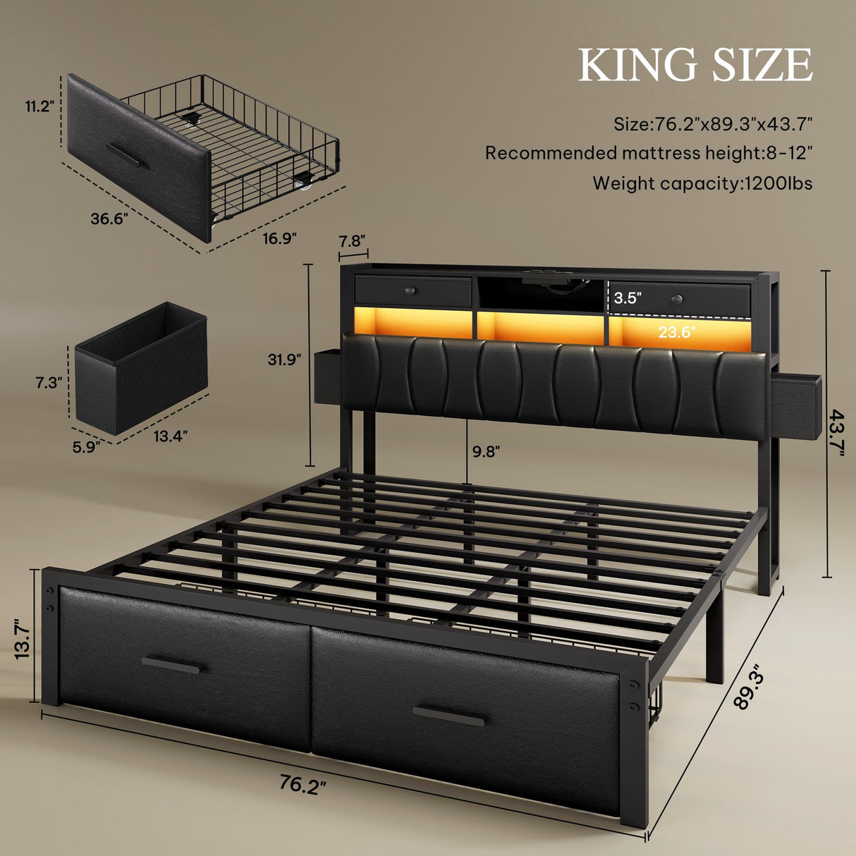 YITAHOME King Size with 2 Storage Drawers and Charging Station, Upholstered Bed with Storage Headboard and LED Light, Heavy Duty Metal Frame Support, No Box Spring Needed, Noise Free, PU Leather Black YITAHOME