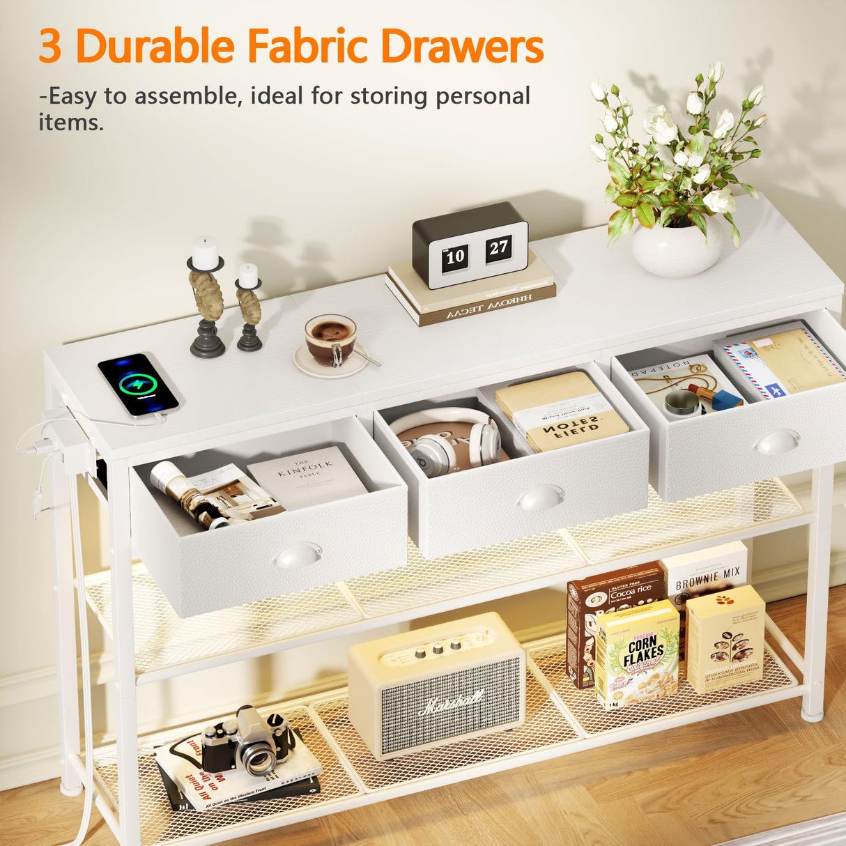 Furologee White Console Table with Charging Station & 3 Fabric Drawers, 38'' Entryway Table with Storage Shelves and LED Light, Industrial Foyer Table for Entry Way, Display Shelf for Hallway Furologee