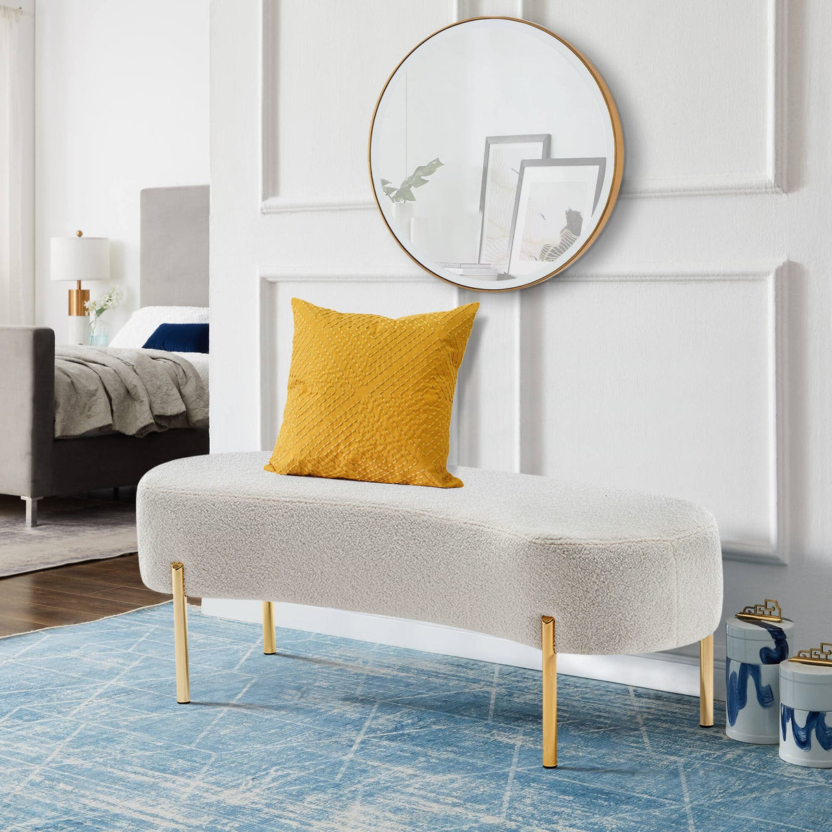 ALISH Upholstered Bench Modern Ottoman Bench Bed Bench Entryway Bench with Gold Legs for Living Room, Bedroom White ALISH