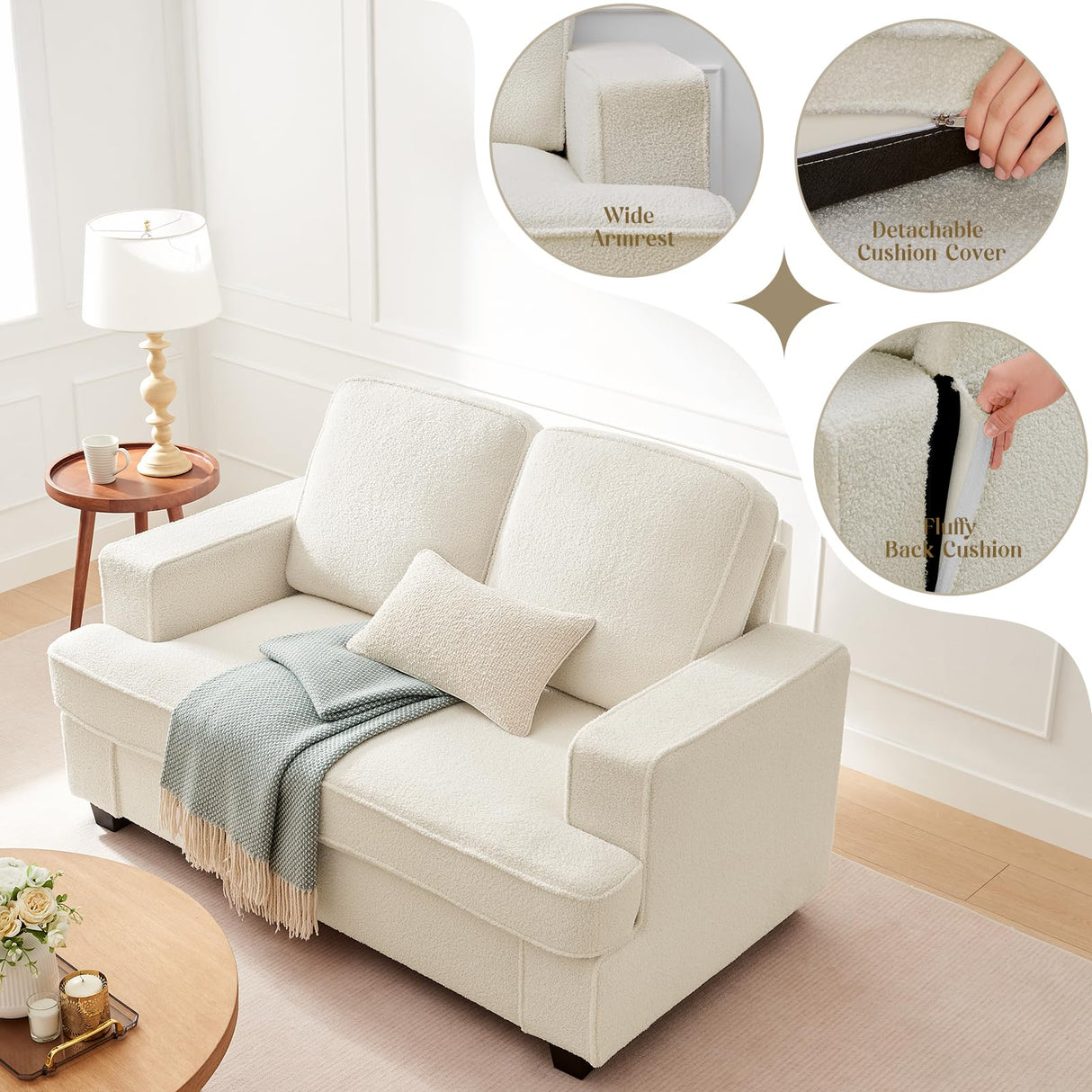 Zelimon Loveseat, 61” Spacious Deep Seat Sofa for Living Room/Bedroom/Office/Apartment, Sofa Bed for Small Spaces, Detachable Futon Couch Cover, Easy to Install, Beige Teddy Fleece Zelimon