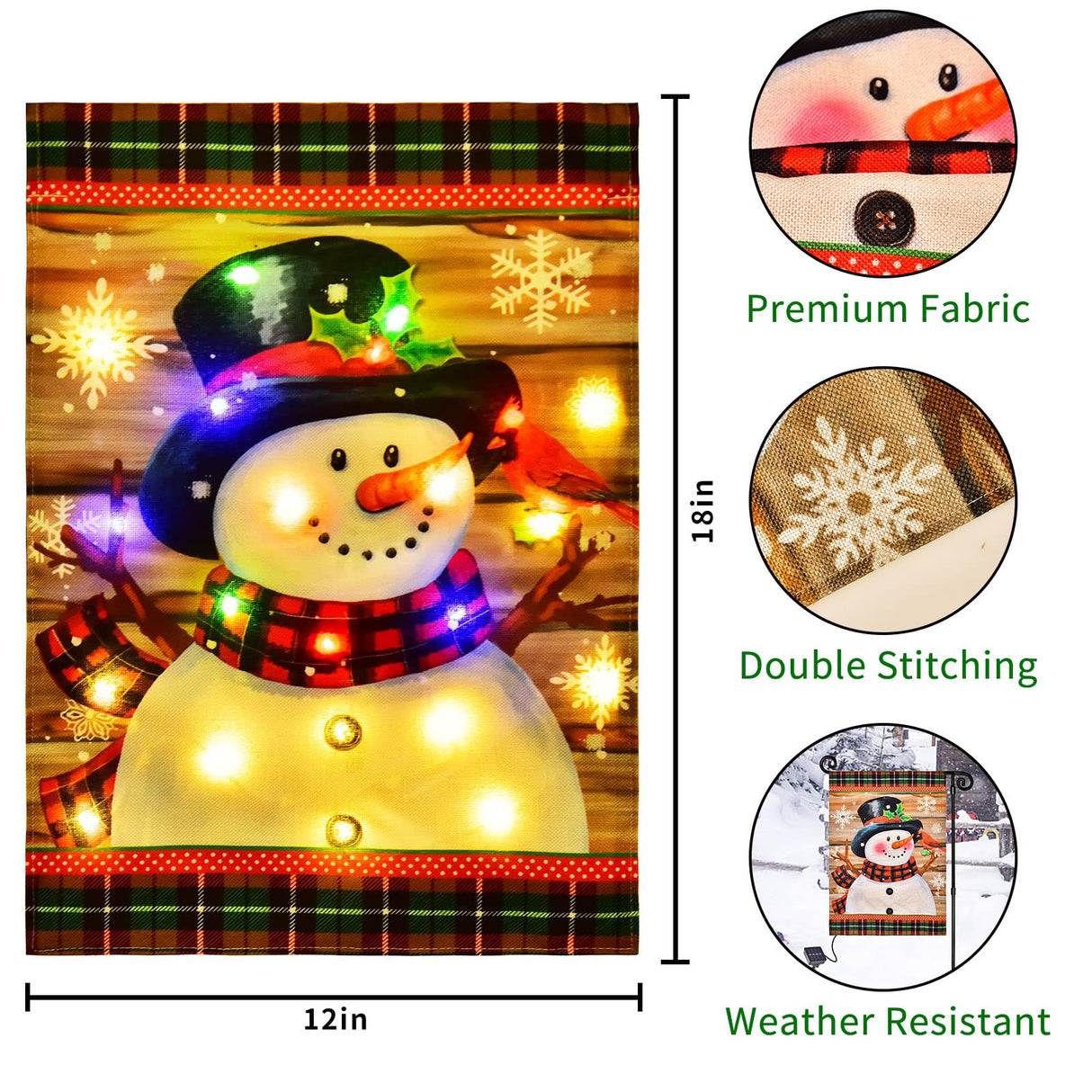 Lighted Christmas Garden Flag for Outside, Led Snowman Garden Flag, Winter Yard Flag 12x18 Double Sided for Outdoor Yard Porch Lawn Decoration FLAGMESAGE