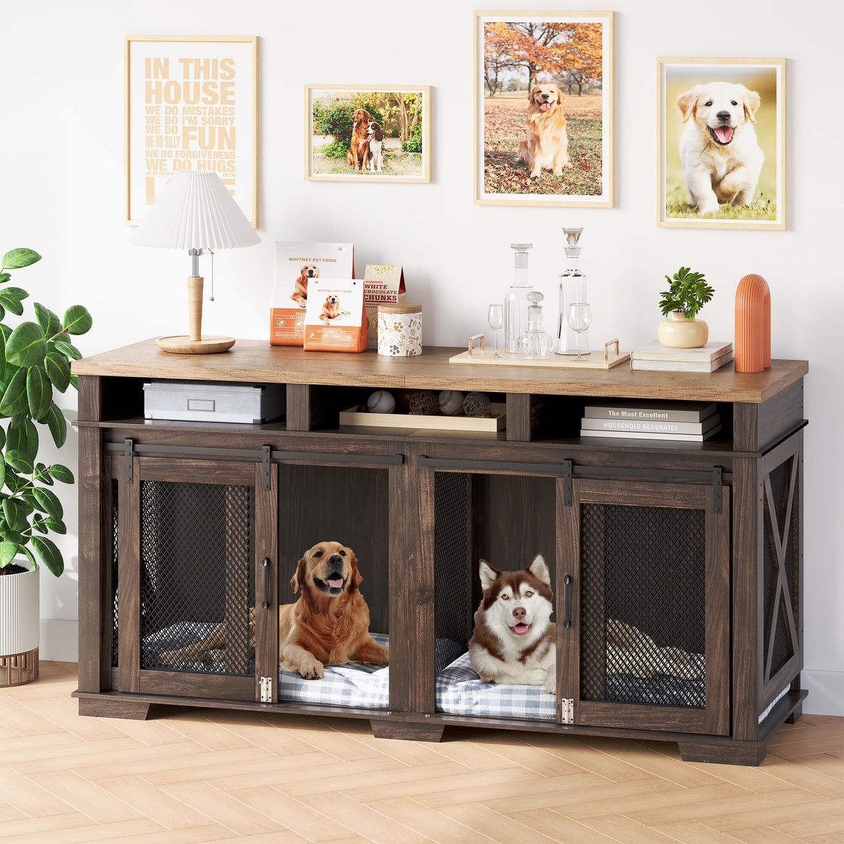 PeakPursuit 71" Extra Large Dog Crate Furniture,Wooden Double Dog Crates Kennel Cage,Furniture Style TV Stand Side End Table for 2 Dogs with Removable Divider for Large Dogs,Dark Walnut/Light PeakPursuit