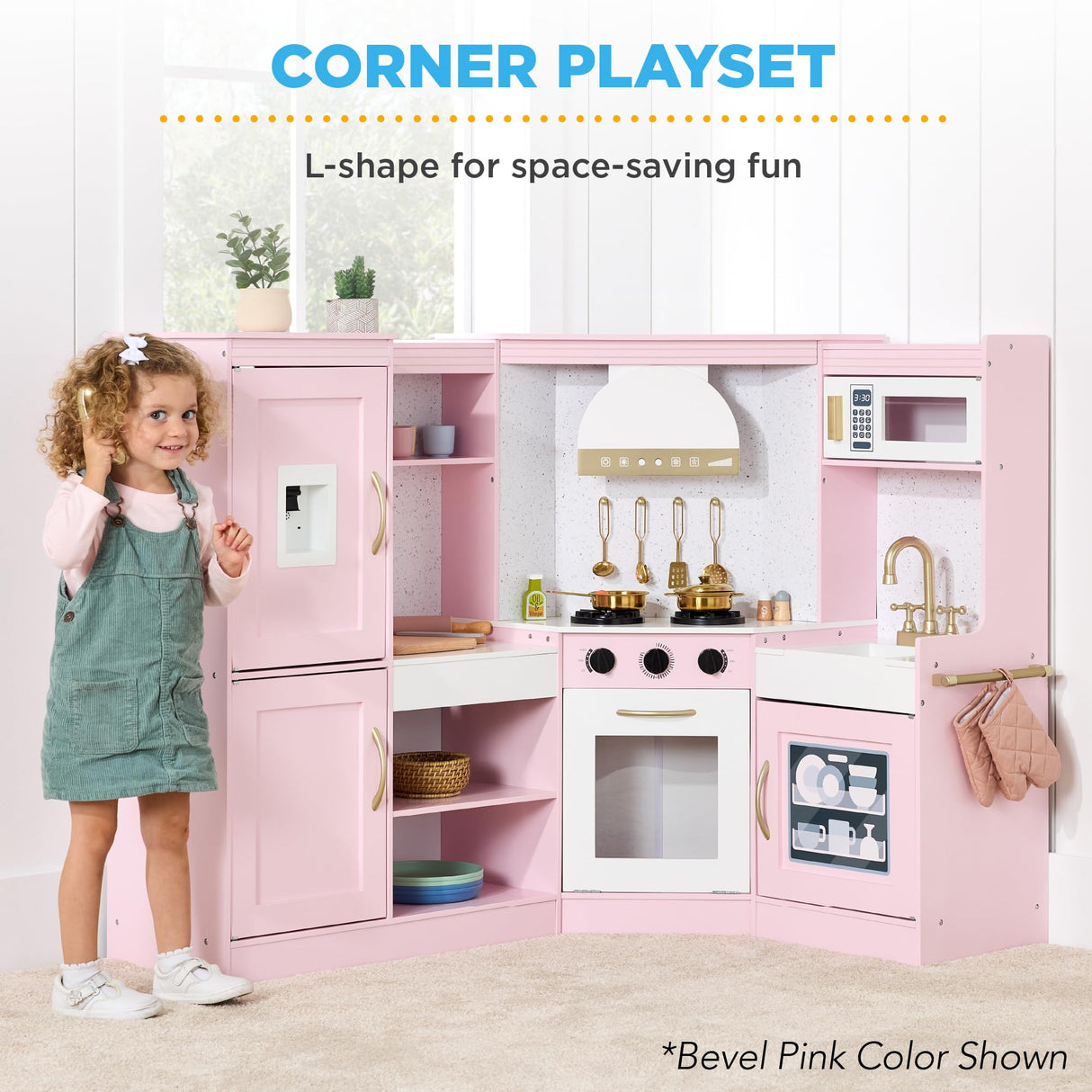 Best Choice Products Pretend Play Corner Kitchen, Ultimate Interactive Wooden Kids Playset w/Lights & Sounds, Ice Maker, Hood - Farmhouse White Best Choice Products