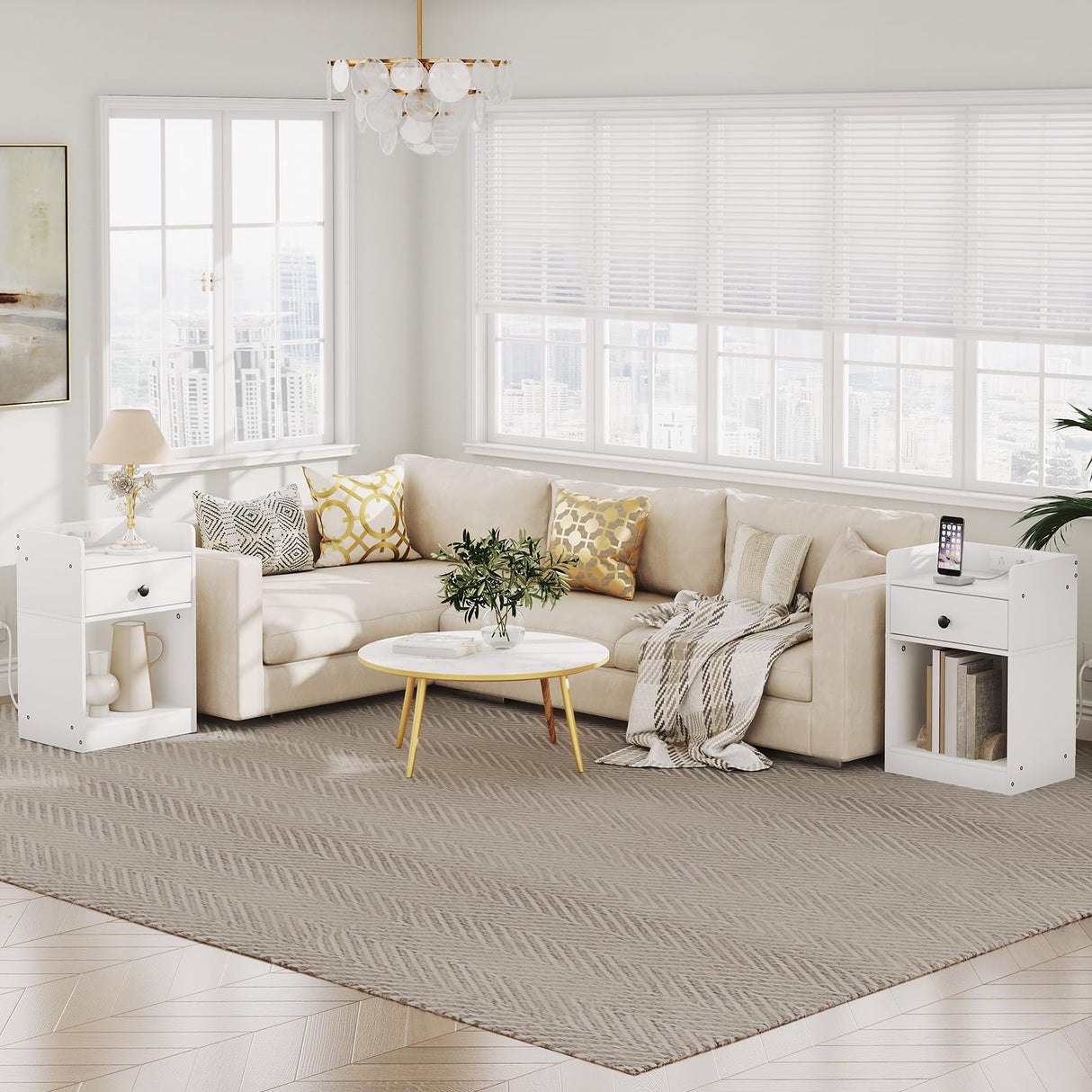 HOOBRO Nightstand with Charging Station, End Table with Drawer and Opening Shelf, Side Table with USB Ports and Outlets, Bedside Table for Bedroom, Small Night Stand Simple Style, White WT18UBZ01 HOOBRO