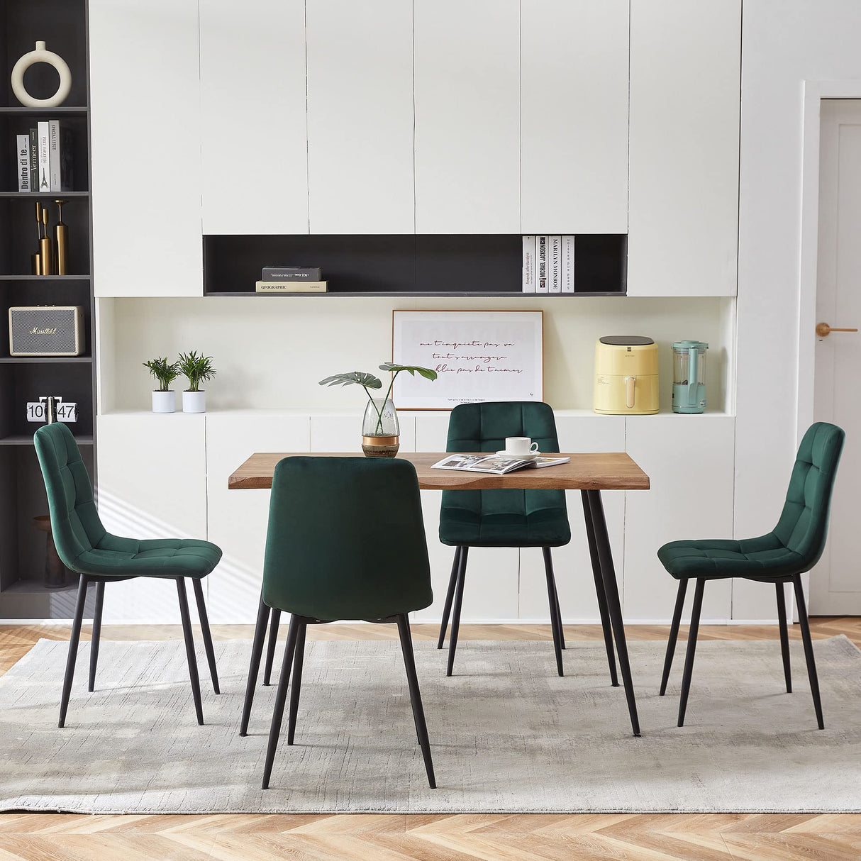 NORDICANA 5-Piece Dining Table Set, 47 in Modern Irregular Rectangle Kitchen Table & 4 Forest Green Velvet Upholstery Side Chairs, Metal Legs, Dining Room Set for 4 NORDICANA