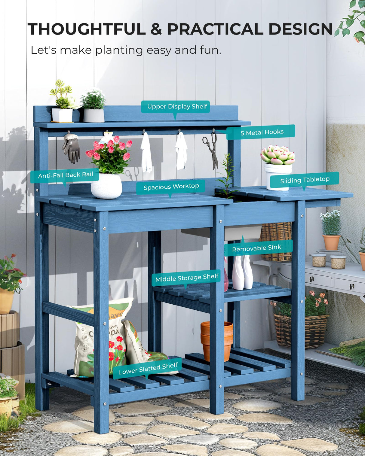 SERWALL Potting Table Outdoor Potting Bench with Sink, HDPE Potting Benches for Outside All Weather Use- Blue SERWALL