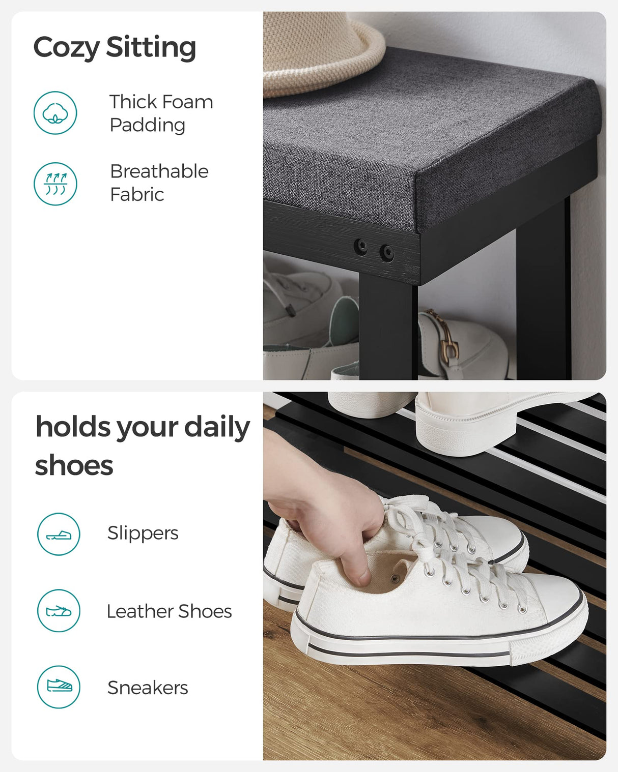 SONGMICS Bamboo Shoe Bench, 3-Tier Shoe Rack, Stable Shoe Organizer for Entryway, Living Room, Bench Seat Holds Up to 330 lb, 11.4 x 28 x 19.3 Inches, Black and Gray ULBS604B01 SONGMICS