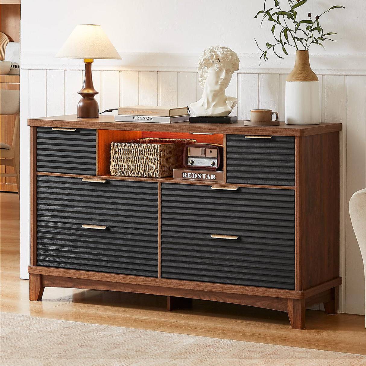 AOGLLATI Black Dresser for Bedroom with Slanted Louvre Design,Retro Chest of Drawers with Charging Station, Wooden Wide Led 6 Drawer Dresser for Bedroom,Living Room, Hallway, Black & Brown AOGLLATI