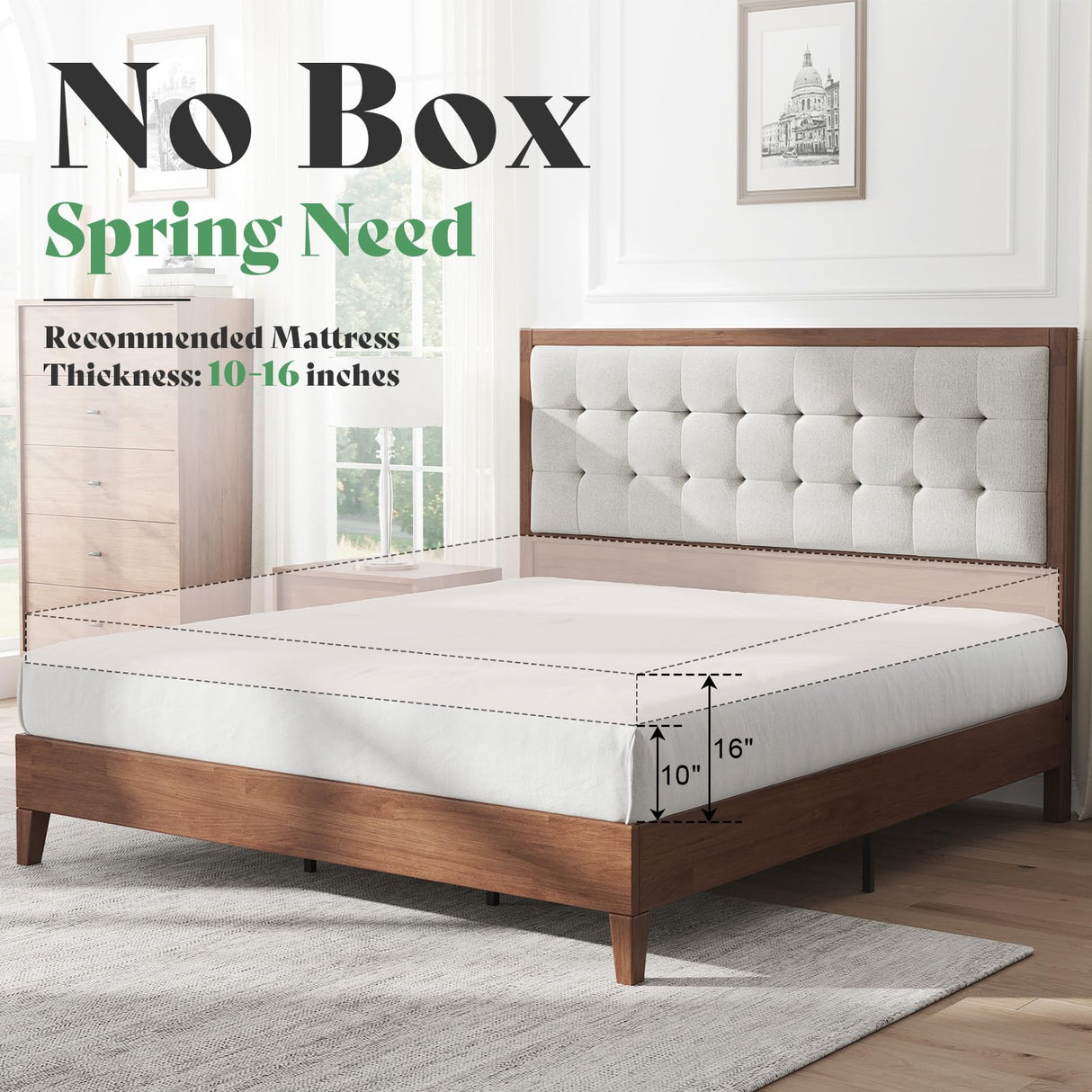 AMERLIFE King Size Solid Wood Bed Frame with Tufted Headboard, Mid-Century Style, No Box Spring Required, Easy Assembly, Walnut AMERLIFE