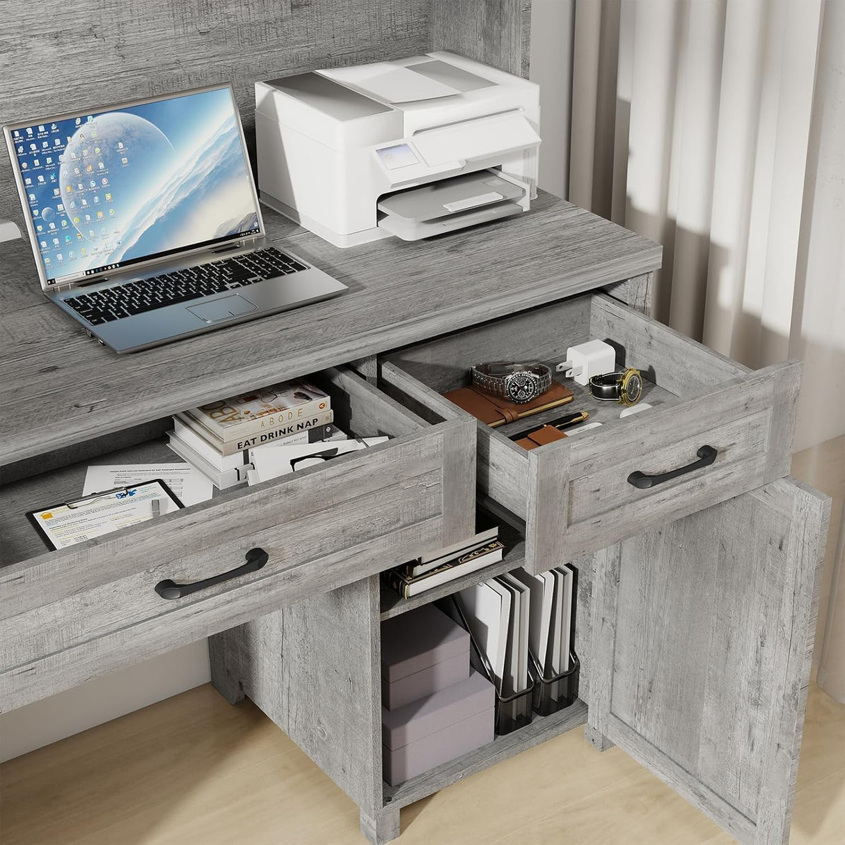 Farmhouse 61'' Executive Desk with 5 Drawers, Rustic Office Desk Computer Desk with Charging Station, File Drawers and Storage Cabinet, Wood Workstation for Home Office and Study,Grey. Vabches