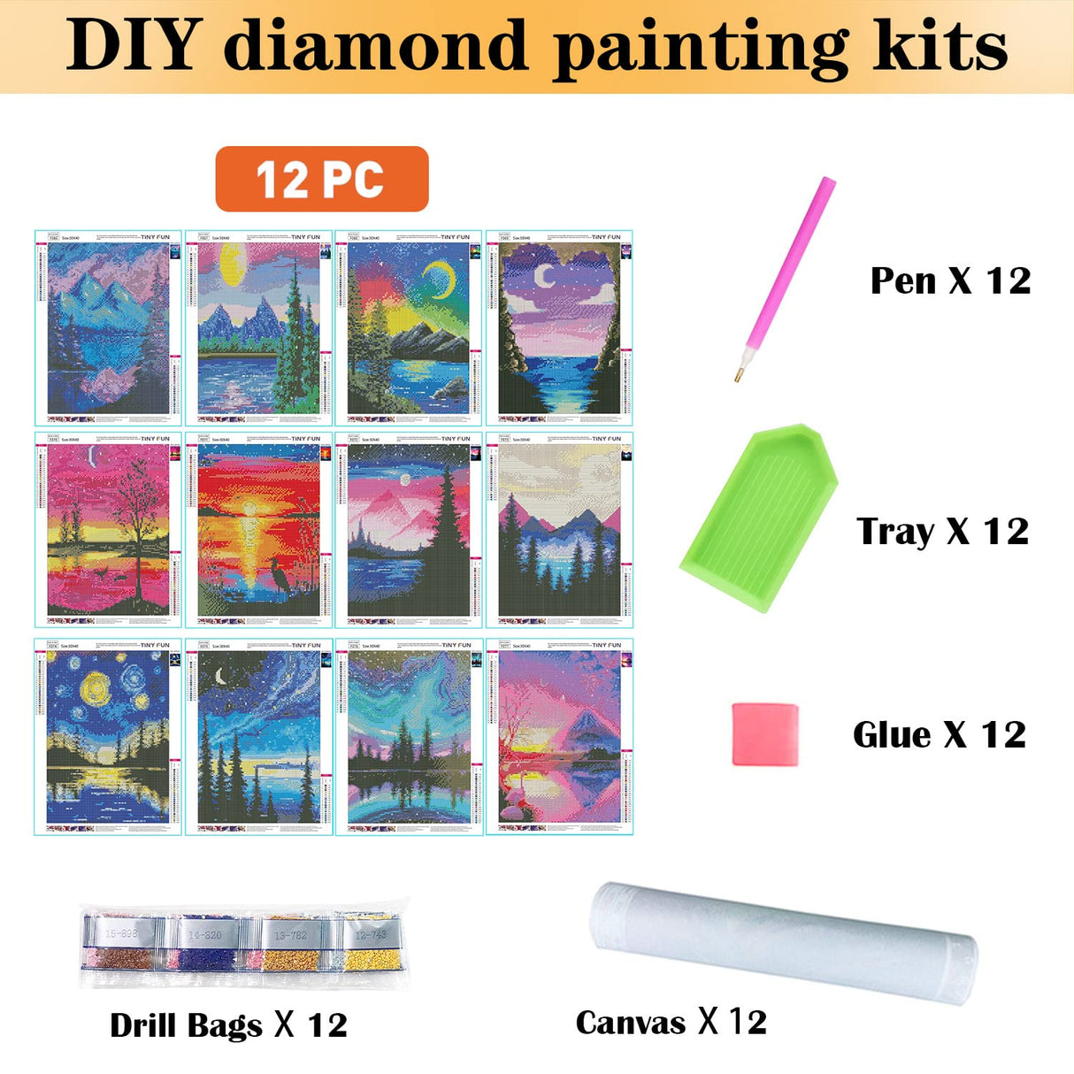 TINY FUN 12 Pack Diamond Painting Kits for Adults 5D Diamond Art Kit Paint by Number for Beginners, DIY Paint with Round Full Drill Diamonds Paintings Gem Art for Home Wall Decor Gift (12X16 Inch TINY FUN