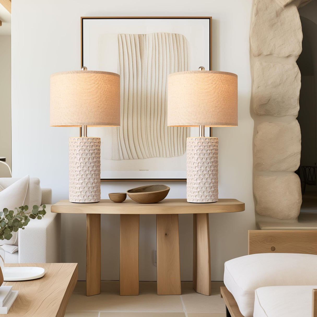 PARTPHONER 23" Modern Ceramic Table Lamp Set of 2, Table Lamps for Living Room, Rustic Farmhouse Bedside Lamps Nightstand lamp for Bedroom, White Desk Lamp for End Table Home Decor Beige PARTPHONER