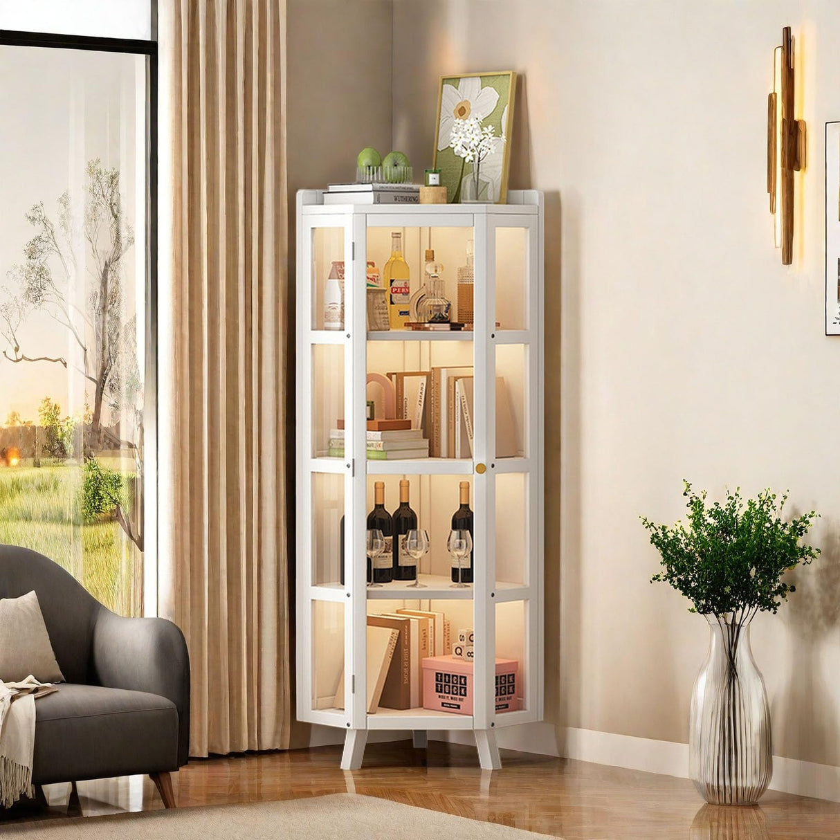 HXUQCZIG Tall Corner Curio Cabinet with Glass Doors, 5-Tier Shelves with Top Guard Rail for Living Room, Bathroom, Kitchen, Home Office White Corner Display Cabinet HXUQCZIG