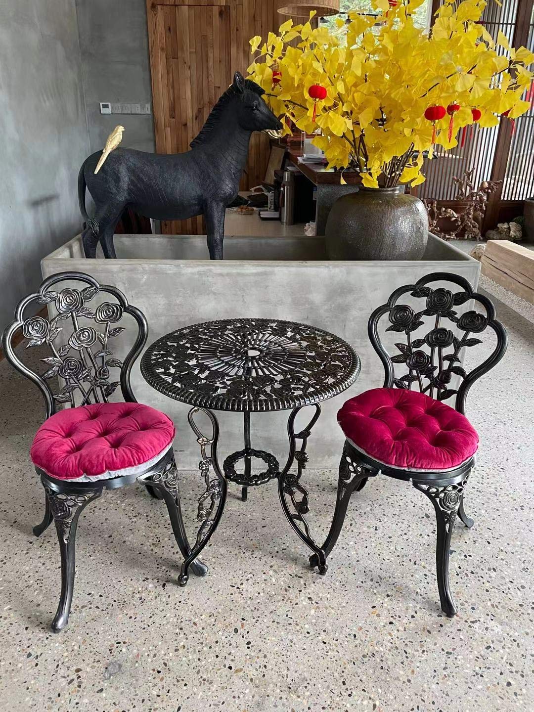 Mandolin Patio Table and Chairs,5 Piece Outdoor Dining Set,Rust-Resistant Cast Aluminum Bistro Set with Cushion.Rose Design (Copper) Mandolin