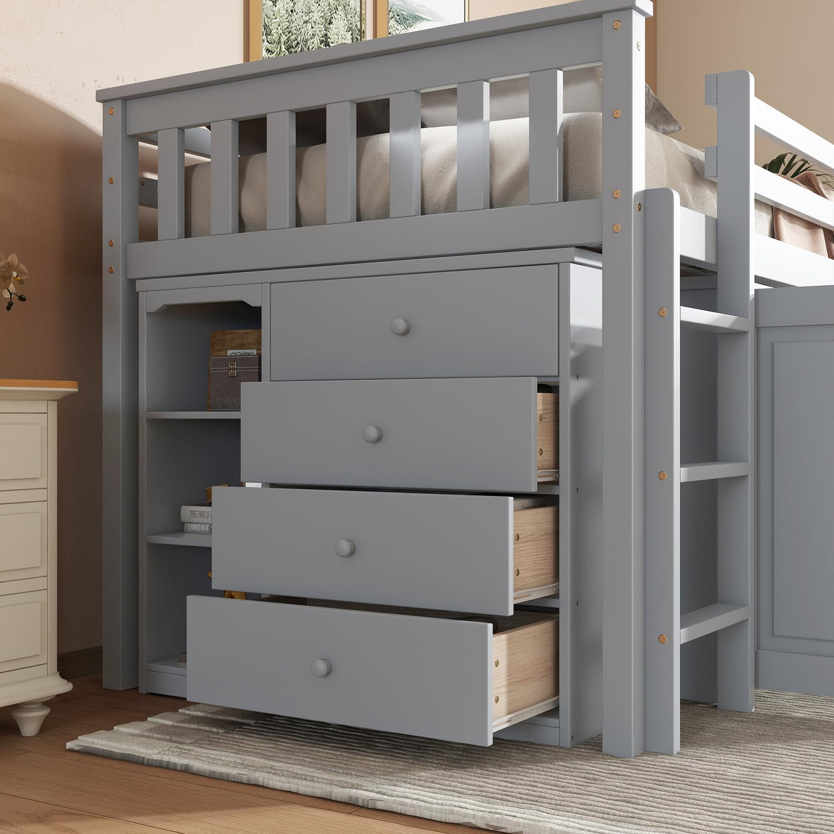 Ball & Cast Twin Loft Bed with Storage Cabinet and Drawer,Rubber Wood Bed Frame w/Safety Guardrail & Ladder,Space-Saving Furniture for Girls Boys Student Dorms,Grey Ball & Cast