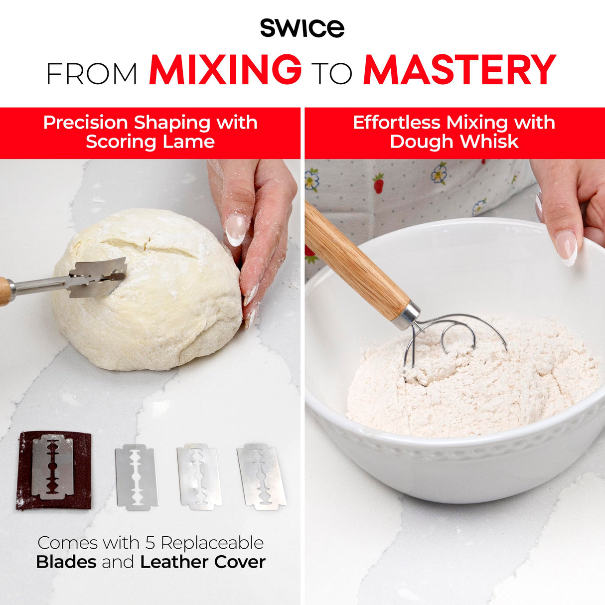 Swice Bread Proofing Basket, Round 9-Inch Banneton Sourdough Starter Kit with Lame, Dough Scraper, Linen Liner, and Basting Brush, Complete Bread Making Supplies and Tools Swice