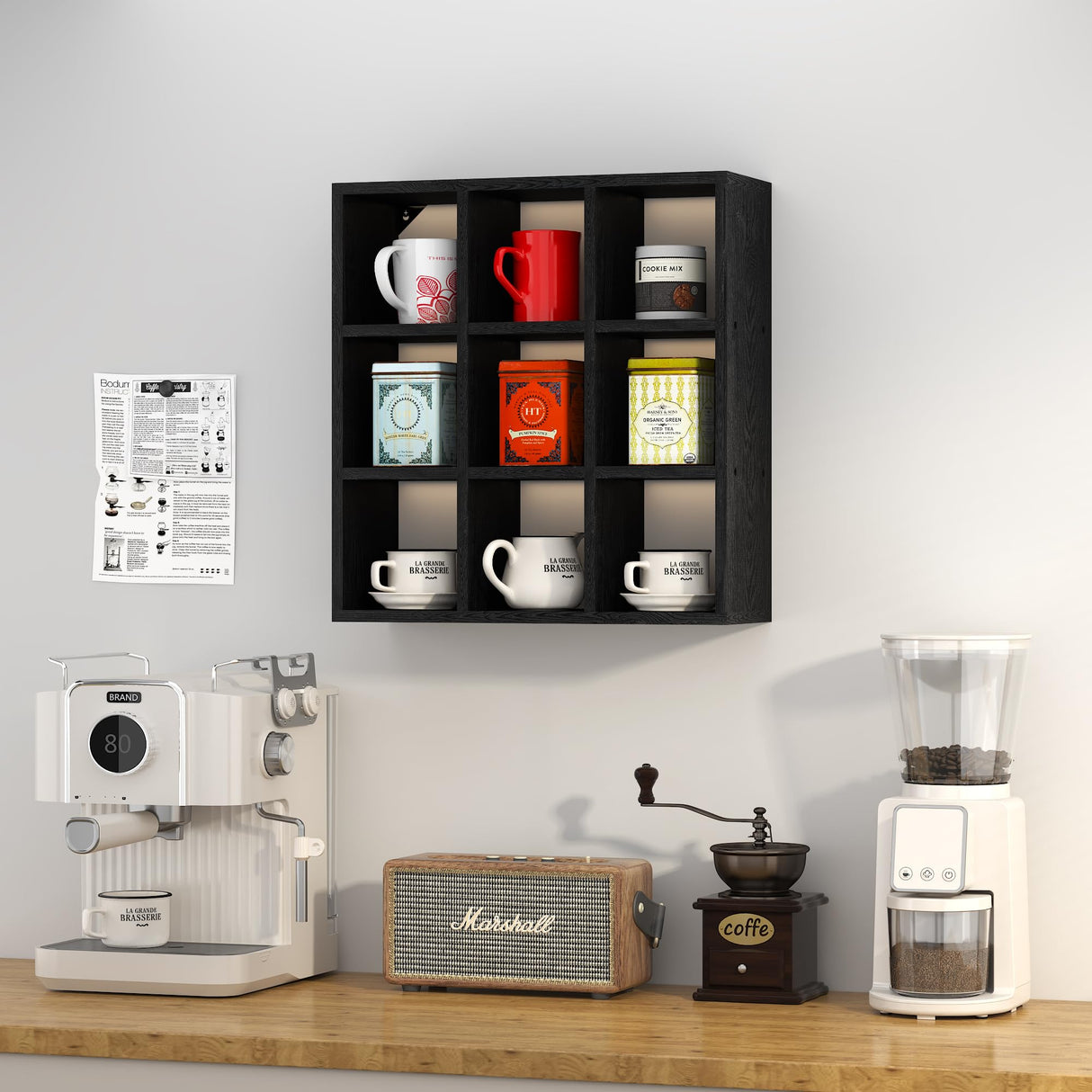 Helsin 9 Grid Vintage Coffee Mug Display Rack, 16inch Wall Mounted Wooden Curio Shadow Box Shelf, Cup Floating Shelves Display and Organizer (Black) Helsin