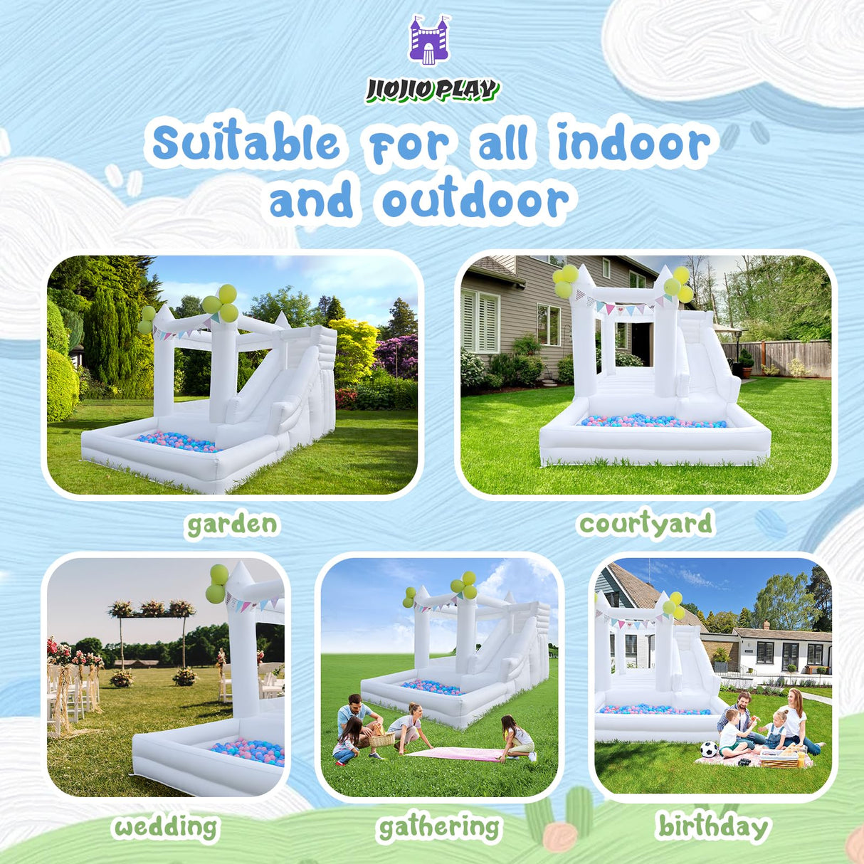 12 FT Oxford White Inflatable Bounce House, Bounce House With Ball Pit, Bounce House With Slide, Indoor And Outdoor Large Inflatable Castles Bounce House for Kids 3-12 Holiday Decoration Wedding Party JIO JIO PLAY